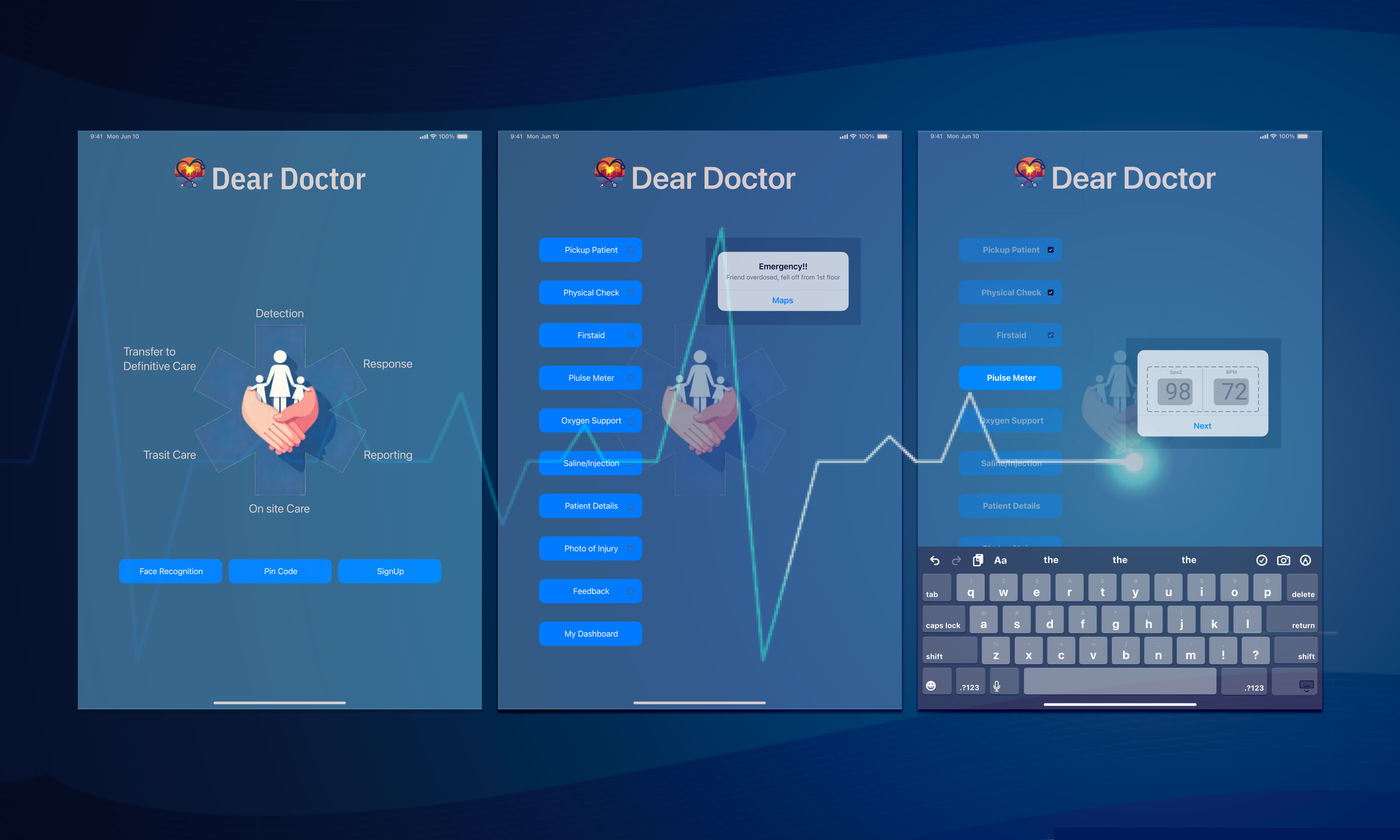 Digital medical application interface with a blue background titled 'Dear Doctor'. The interface displays three screens, featuring options for medical procedures, patient data input, and vital signs monitoring in a healthcare setting.