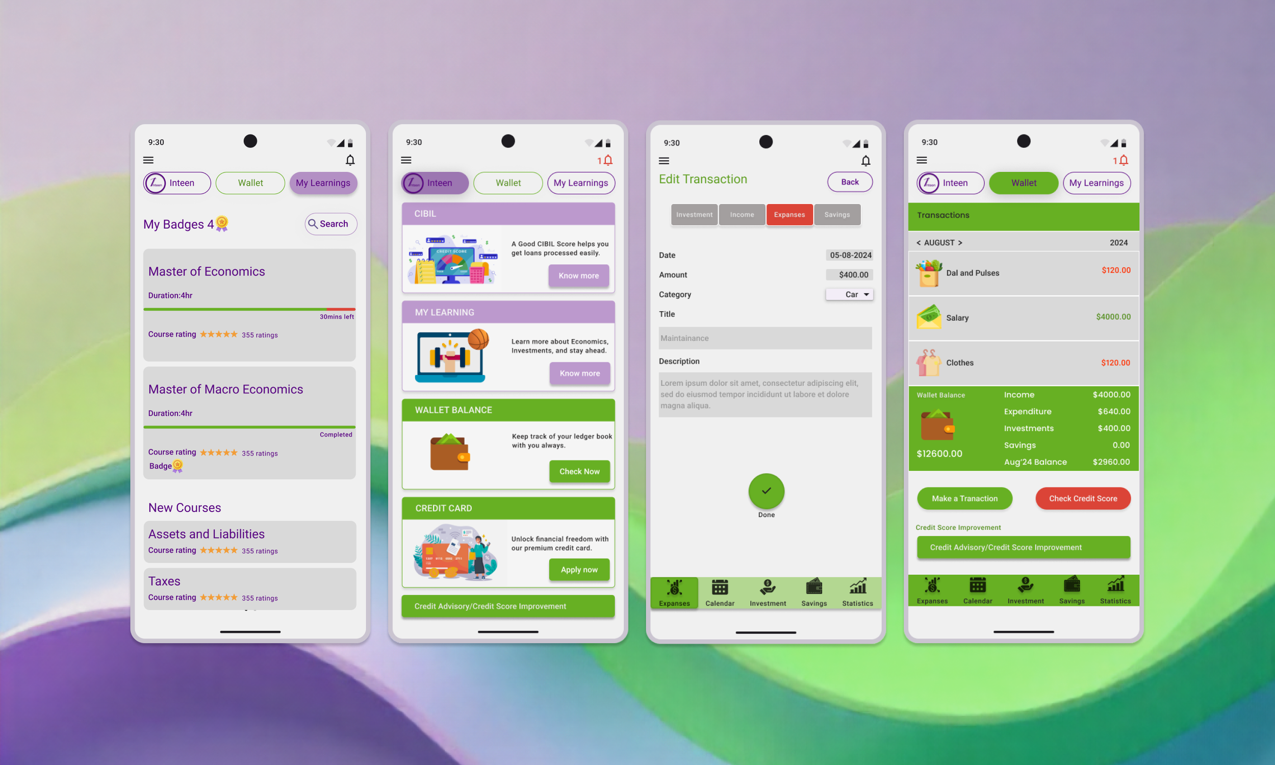 A screenshot of a mobile finance or learning app displayed on four screens, showing badges, courses, account balance, transactions, and expense management features.