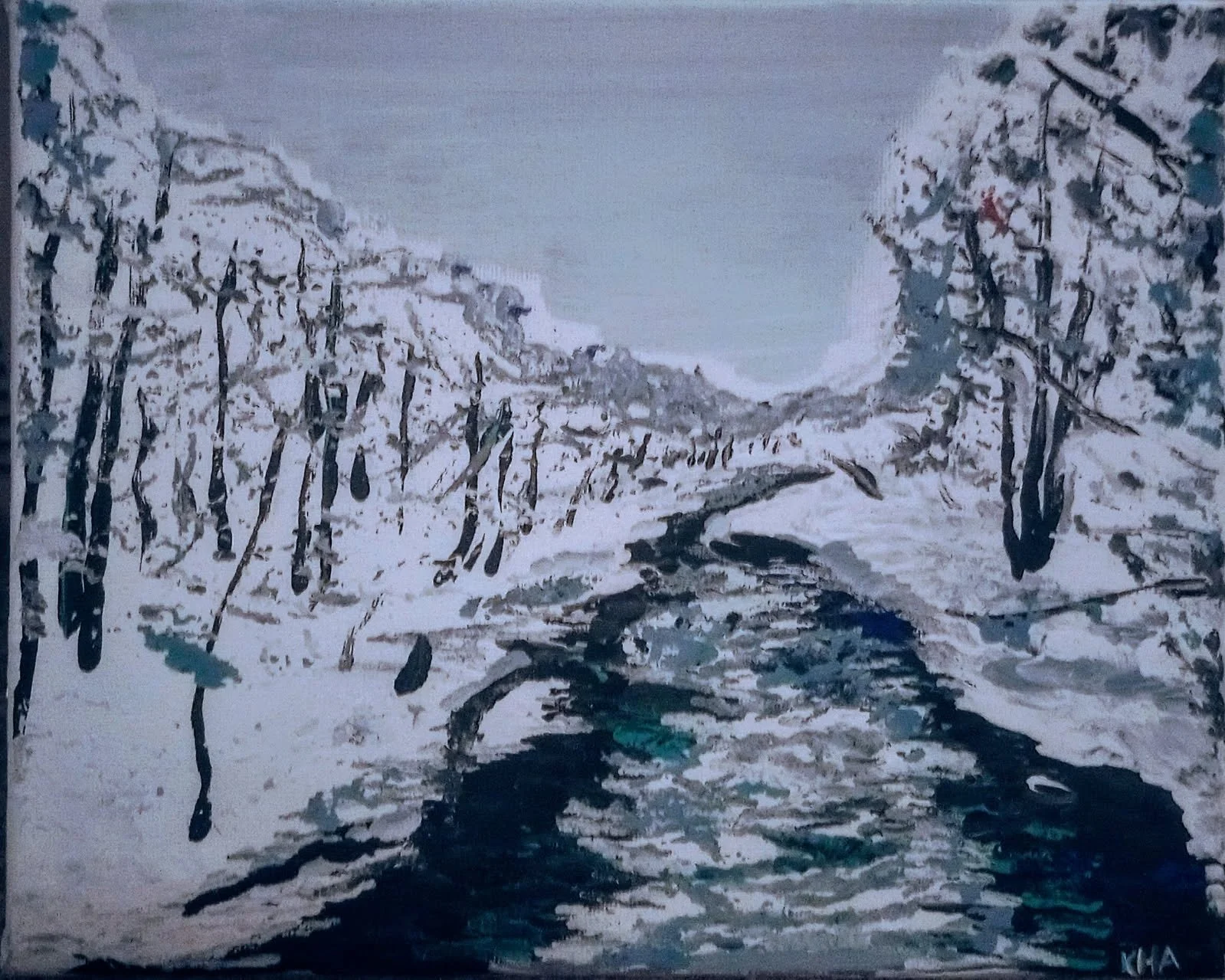 A winter landscape painting showing a snow-covered river flowing through a forest of leafless trees on both sides, with hills or mountains in the background under a pale sky.