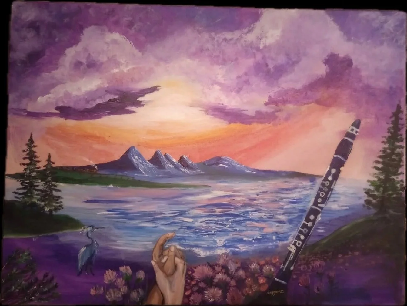A landscape painting of a sunset over snow-capped mountains, with a lake, pine trees, and flowers in the foreground. A hand holding a black recorder is depicted at the bottom right, and a heron stands by the water near a tree.