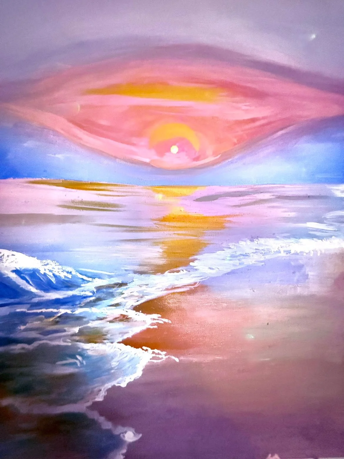 A colorful painting of a sunset over the ocean, with waves in the foreground, and pink, yellow, blue, and purple hues in the sky.