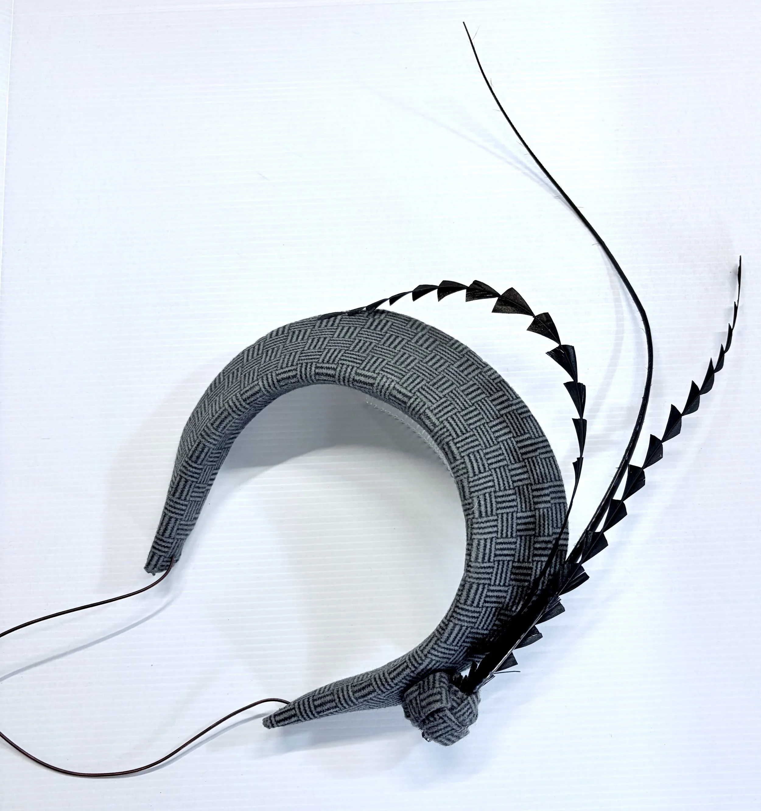 Grey Halo Headpiece – Sculptural Statement Fascinator with Feather Detail | Violet Peacock