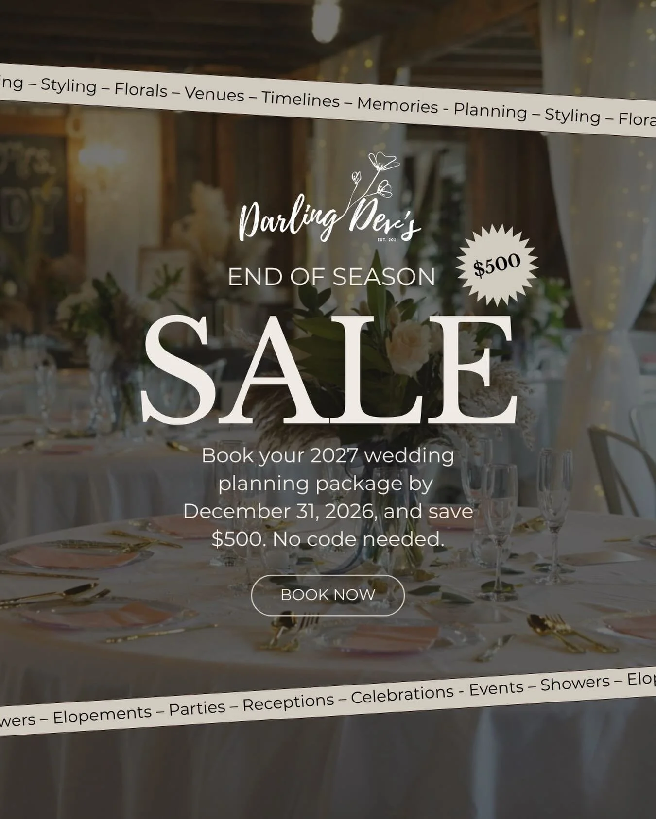 The season&rsquo;s sweetest deal is here 💍✨

If you&rsquo;re planning a 2027 wedding, book by December 31, 2026 and enjoy $500 off any planning package &mdash; no code needed.

I&rsquo;m here to help with the planning details like timelines and logi