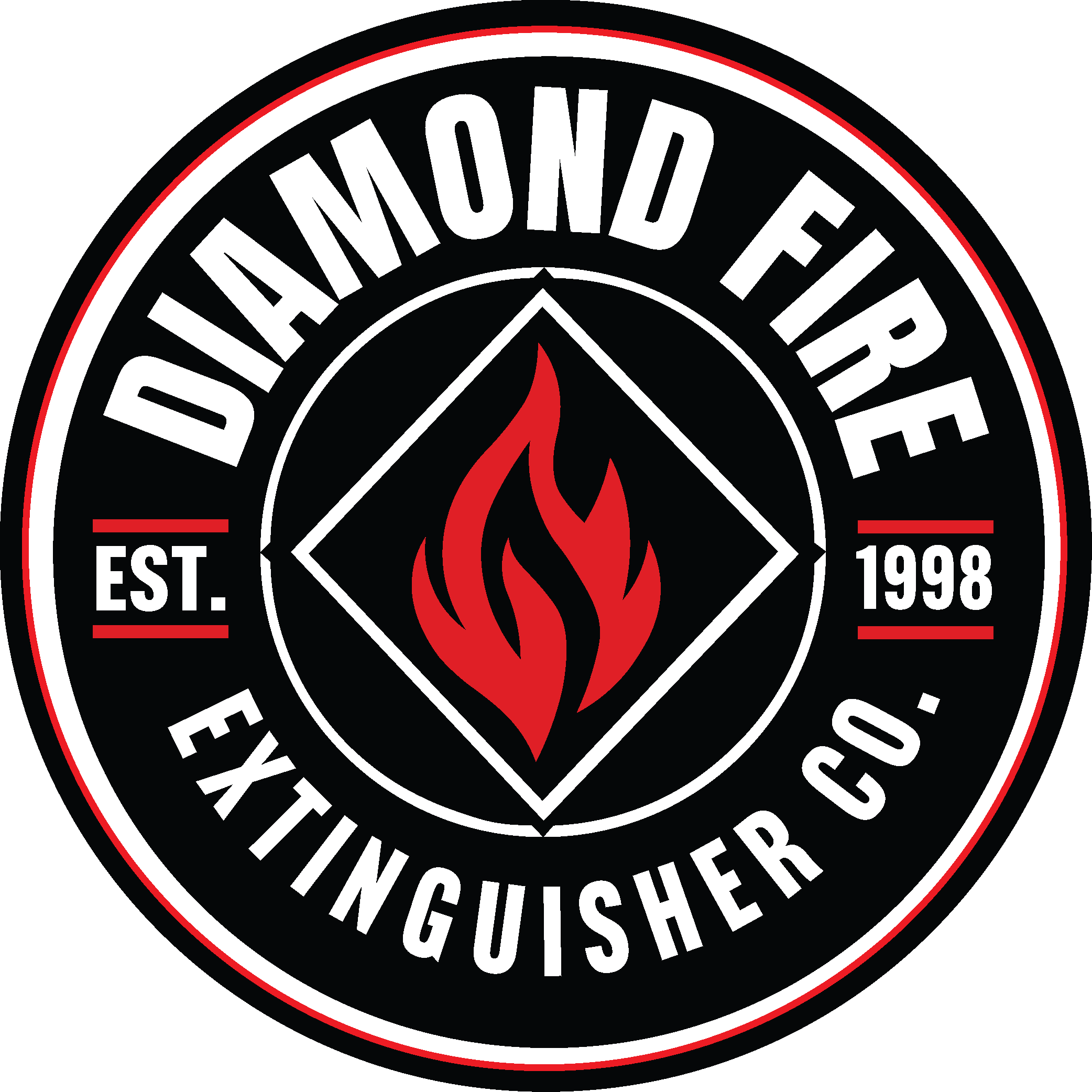Diamond Fire Badge Logo with red and black round logo with flame and extinguisher company
