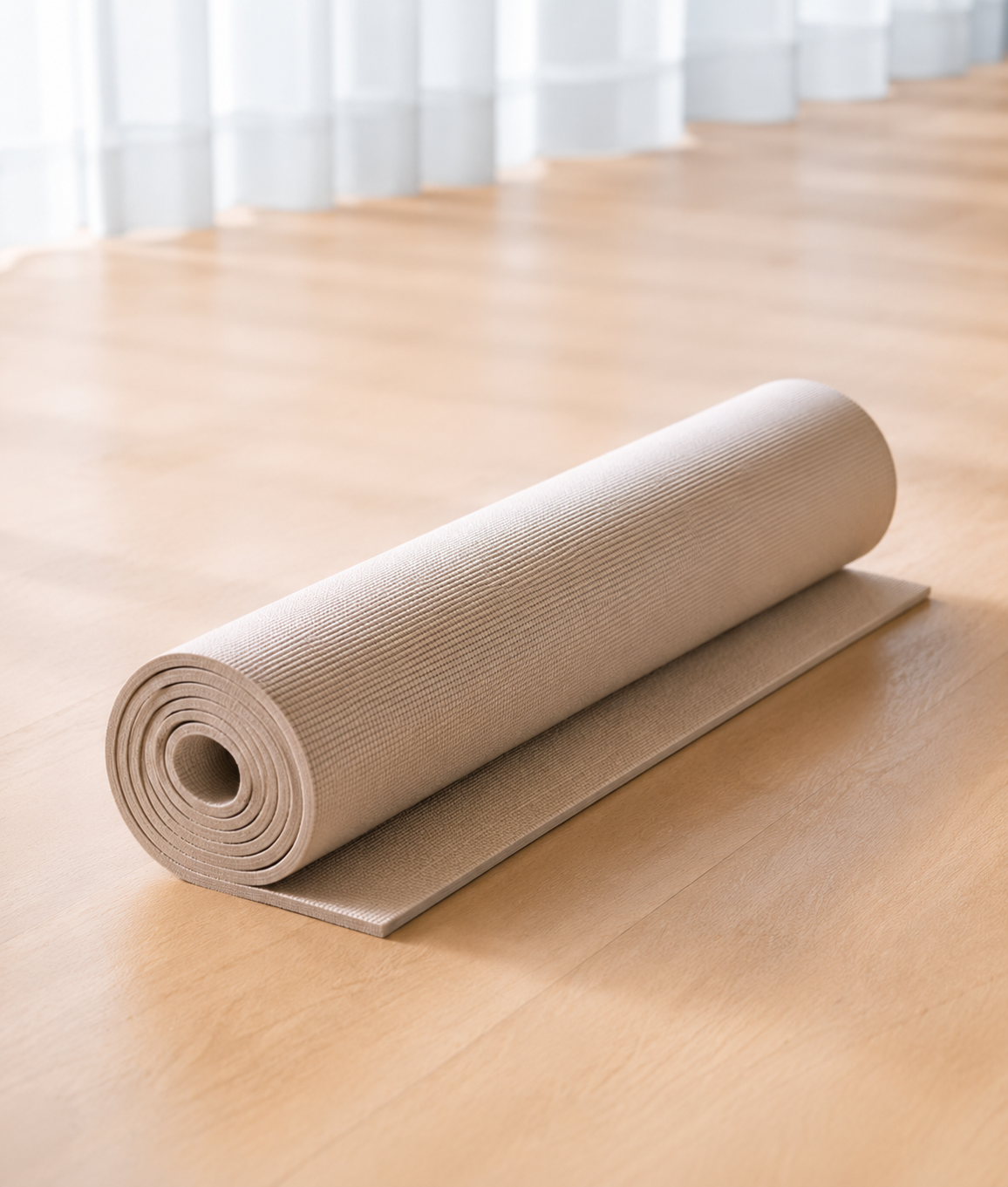 A rolled-up beige yoga mat on a light wooden floor near a wall of windows.