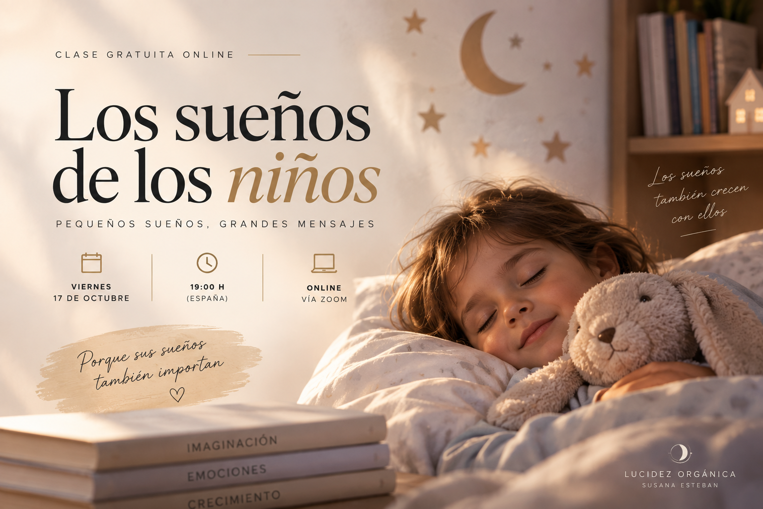 Cartel de la masterclass gratuita «Los sueños de los niños» de Lucidez Orgánica, dedicada a comprender los sueños infantiles.