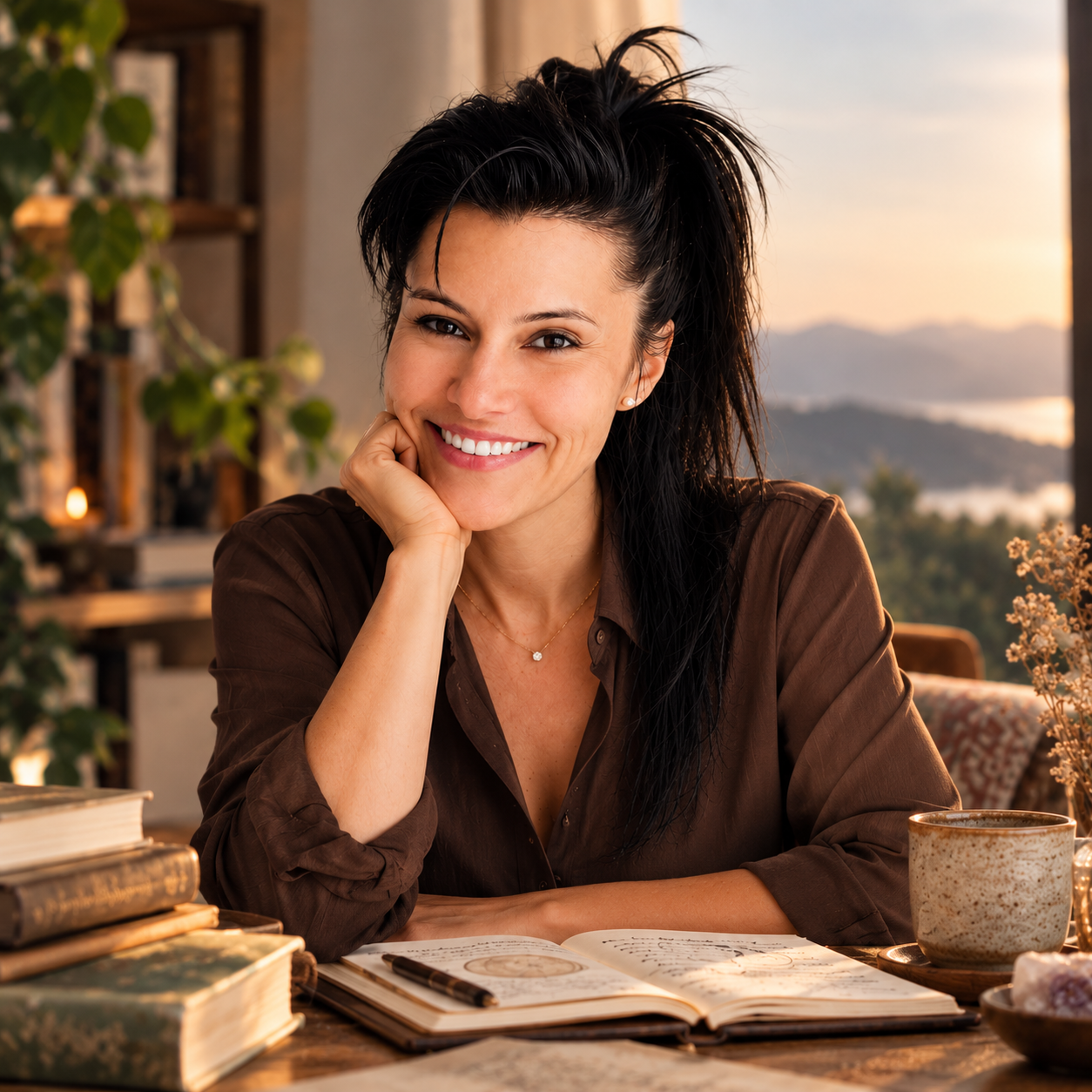 Susana Esteban García, creadora del Método Lucidez Orgánica y especialista en sueños, sentada ante un cuaderno de trabajo en un ambiente cálido y profesional.