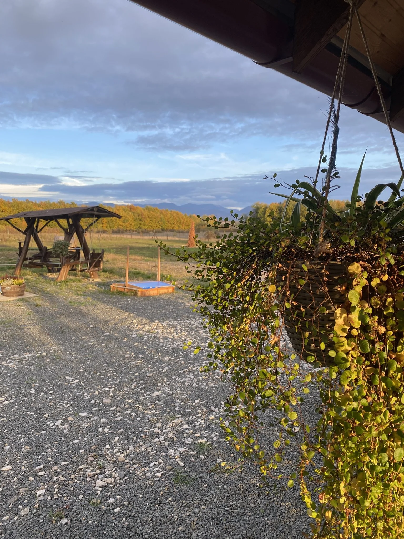 A farmyard scene during sunset with a gravel area, a wooden swing set, a grassy field with trees showing fall colors, and mountains in the background under a partly cloudy sky. There is a hanging basket with green plants on the porch.