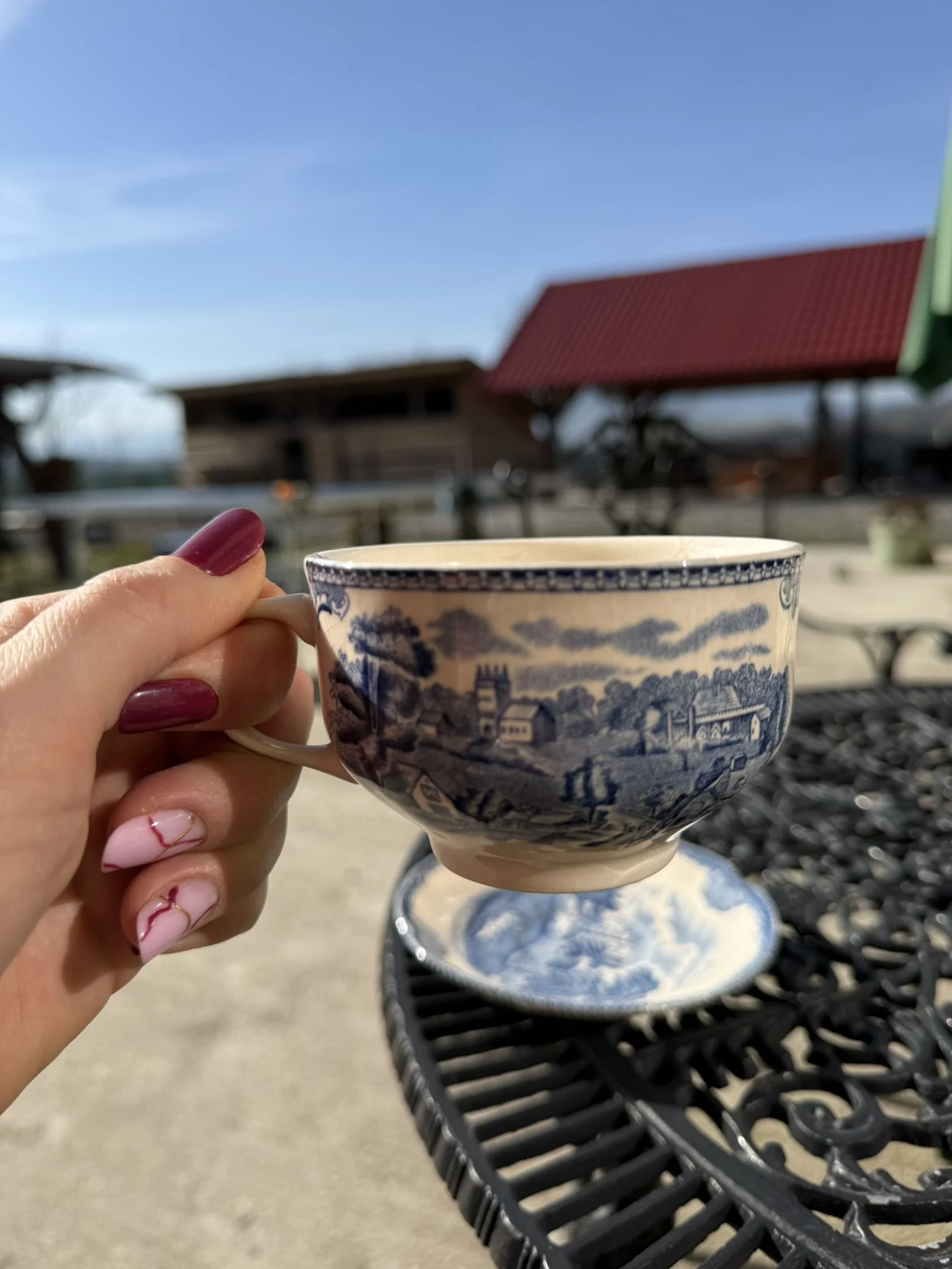 A hand with painted nails holding a blue and white teacup with a scenic village design, sitting on a matching saucer on a black wrought iron outdoor table. In the background, there are buildings with red roofs and a clear blue sky.