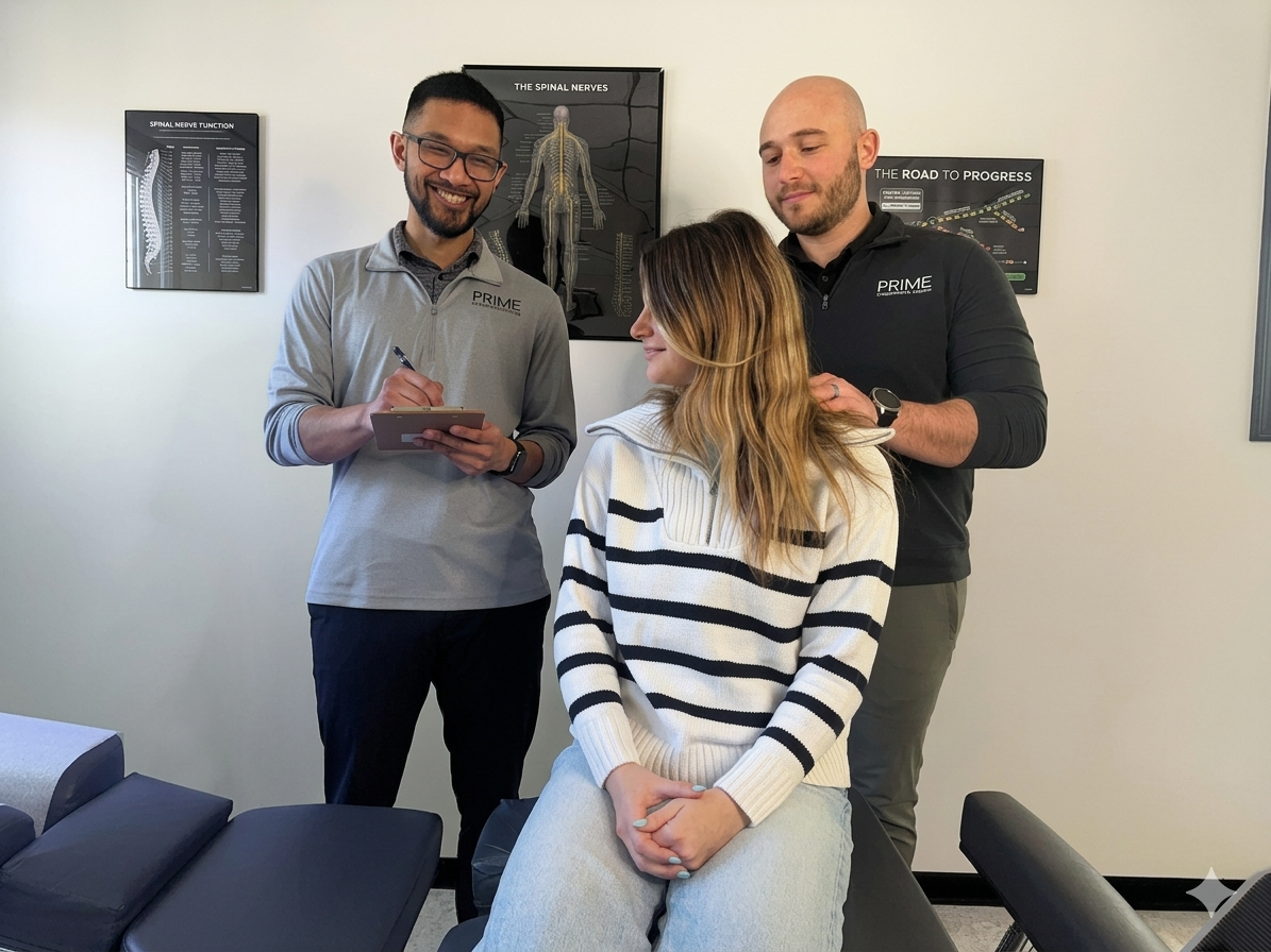 Dr. Ryan de Rosales and Dr. Jacob Brandman performing a patient evaluation at Prime Chiropractic Center in Toledo, Ohio