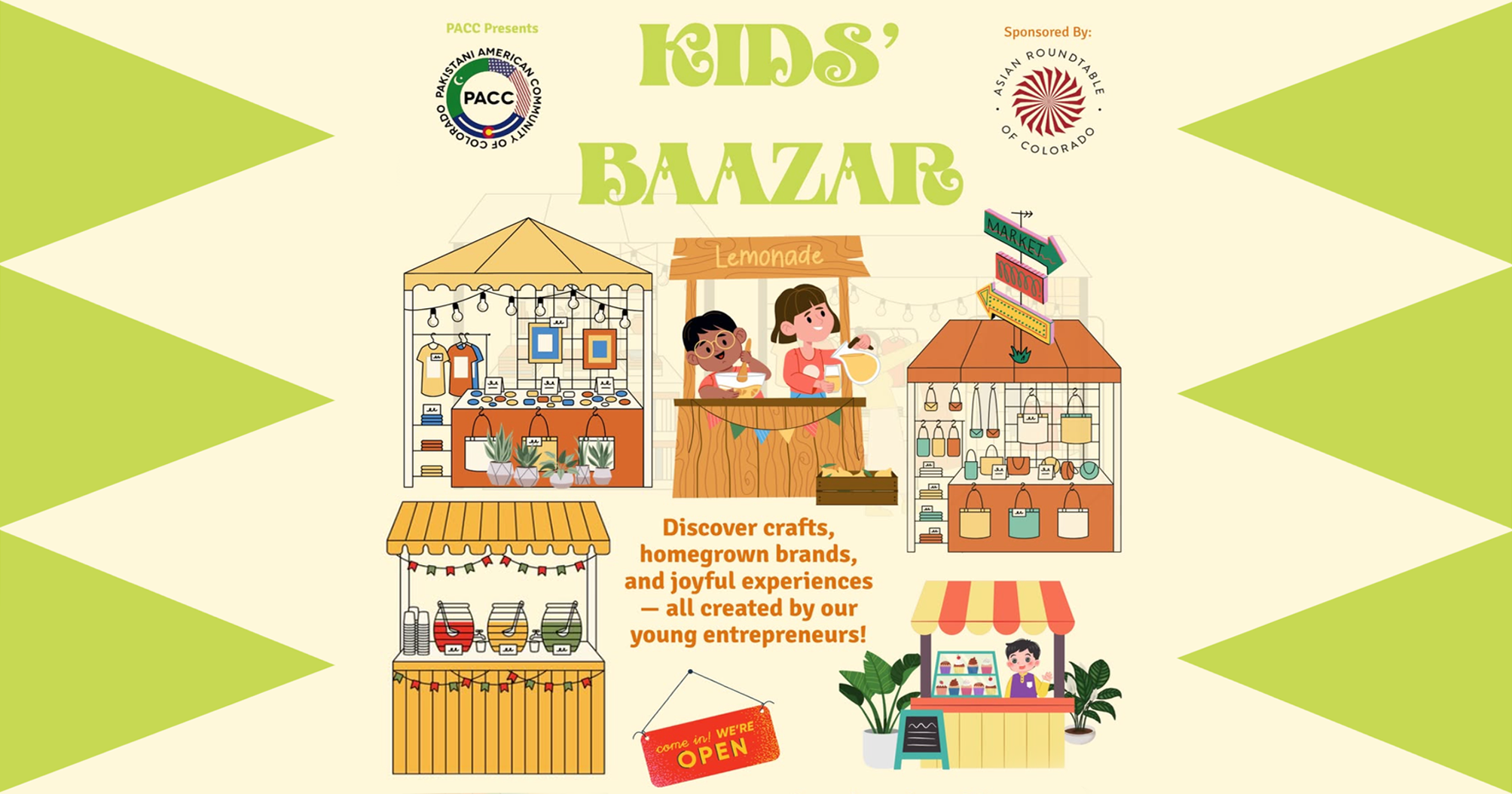 Illustration of a children' bazaar with multiple small market stalls selling handmade crafts, homegrown products, and joyful experiences with children and adults browsing and participating, and a sign indicating that it is open.