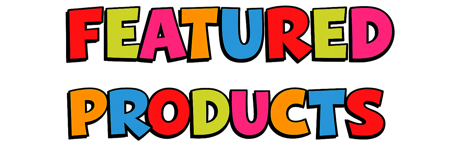 Colorful sign with the words 'Featured Products' in bold, multicolored letters.