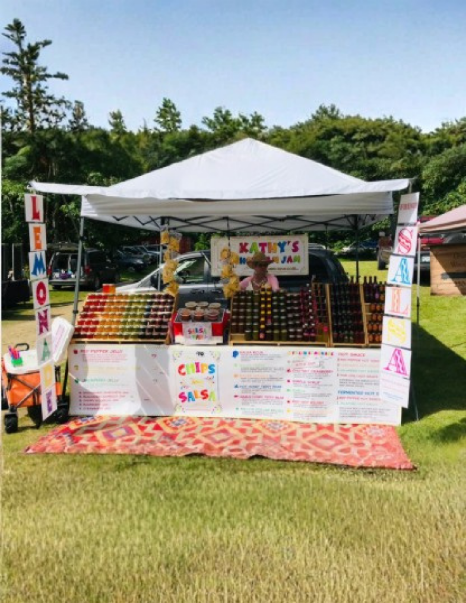 Outdoor market stall selling jams, sauces, and chips with colorful signs and a woman wearing a hat behind the stand, set on a grassy area with trees and parked cars in the background.