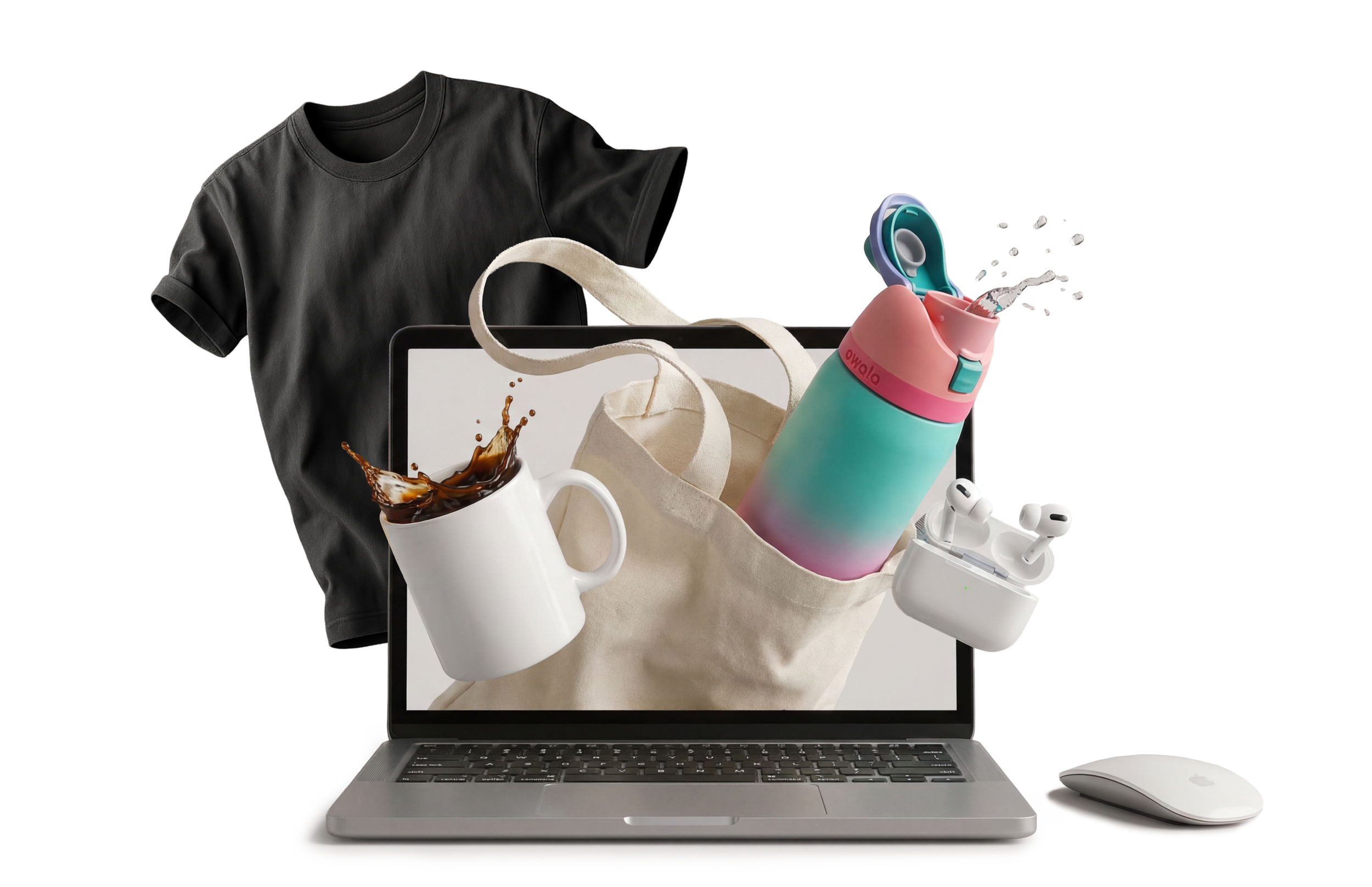 A laptop displaying a tote bag, a black t-shirt, a colorful water bottle, a mug of coffee, wireless earbuds with a charging case, and a computer mouse, with items seemingly floating out of the screen.