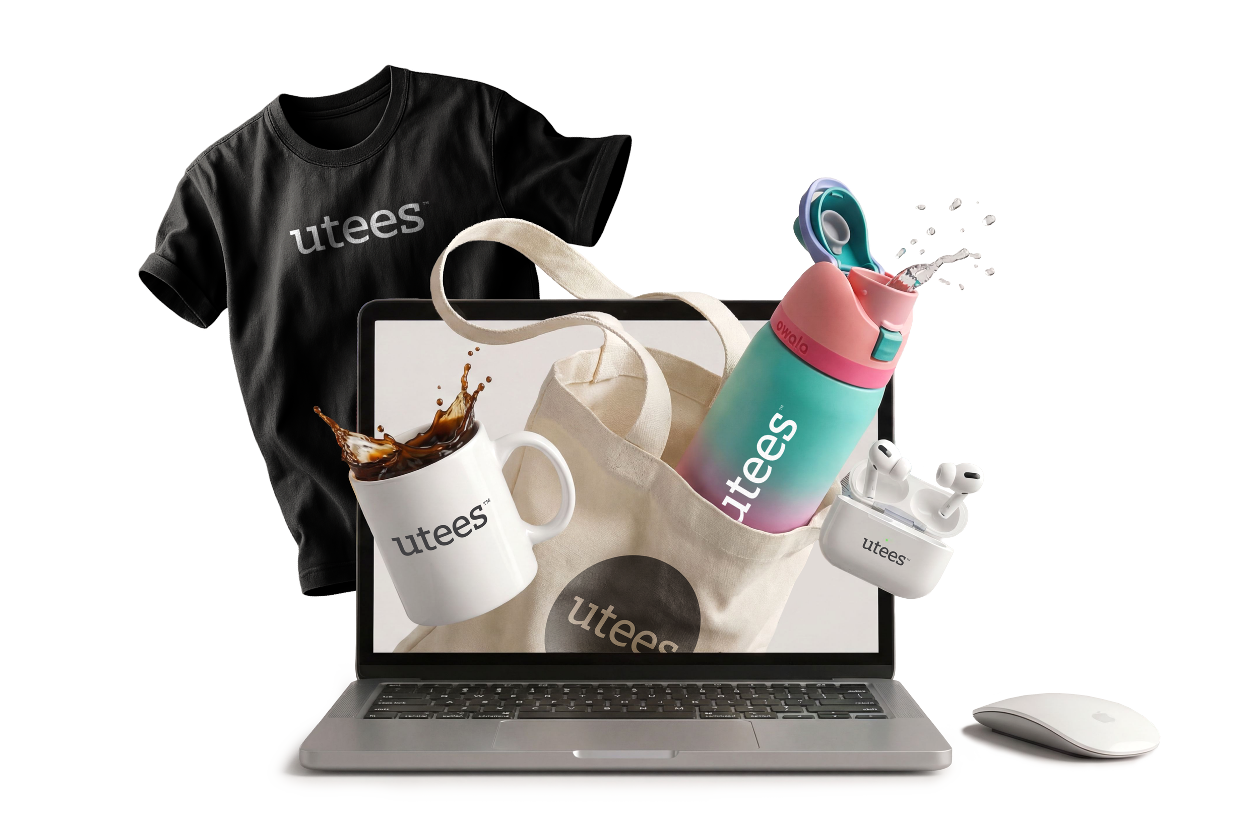 A collection of branded products including a black T-shirt, a white mug filled with coffee, a beige tote bag, a colorful water bottle, a pair of wireless earbuds with a charging case, a laptop, and a mouse, all featuring the 'utees' logo.