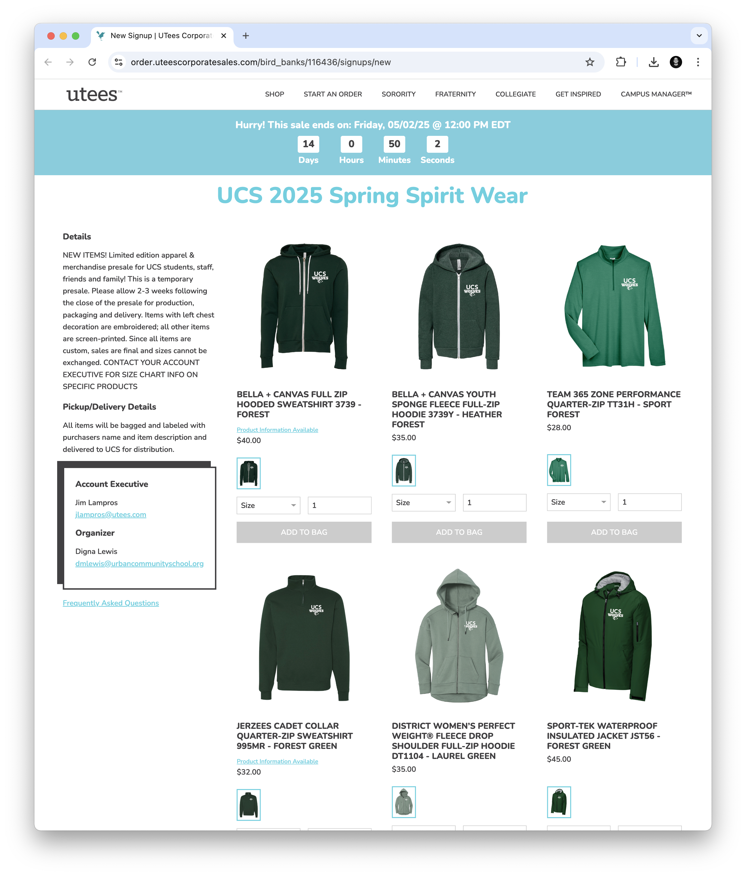 Screenshot of a website for UCS 2025 Spring Spirit Wear with images of green UCS embroidered sweatshirts, hoodies, and jackets for sale with prices listed.