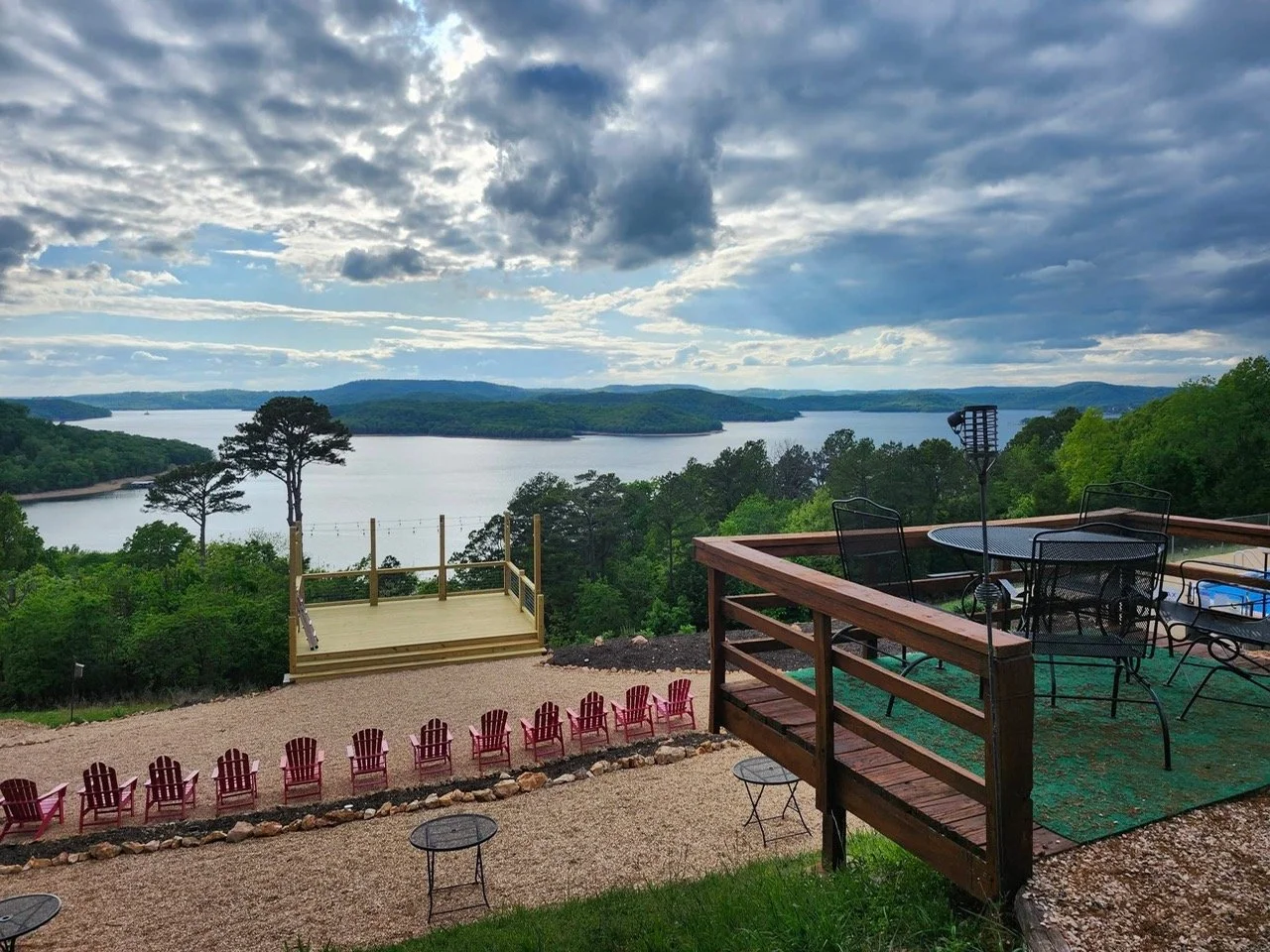 A view of the lake from the back of the restaurant building.  The deck is shown before the roof placement.