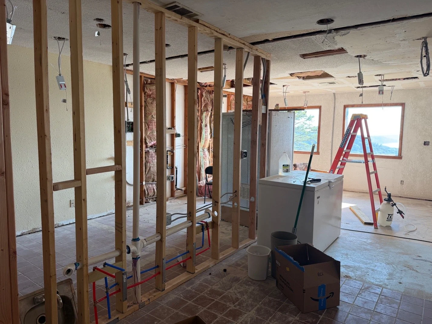 The restaurant interior framing.