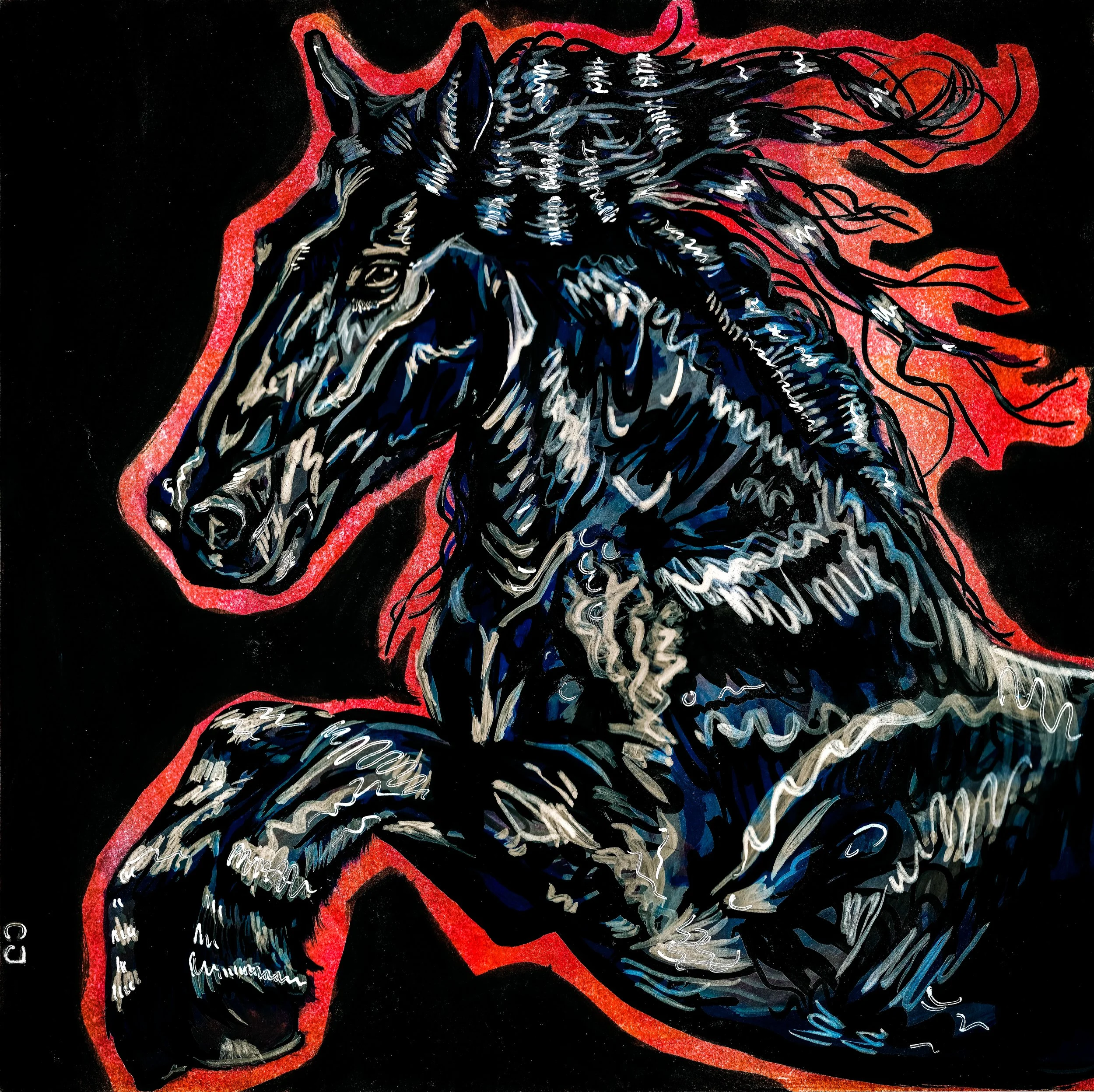 Dangerous - 2023




A stylized black horse with a red outline against a black background, featuring white and blue highlights.