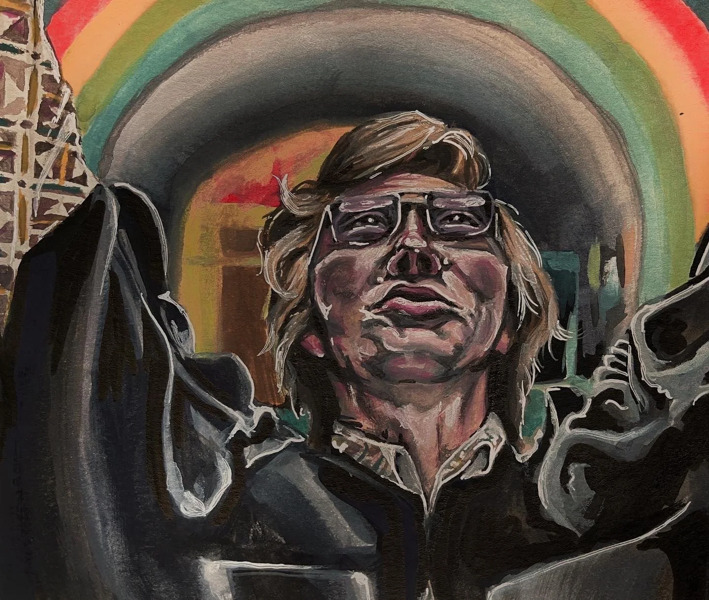 A painting of a person with long hair, glasses, and a confident expression, holding a microphone, with a rainbow in the background.