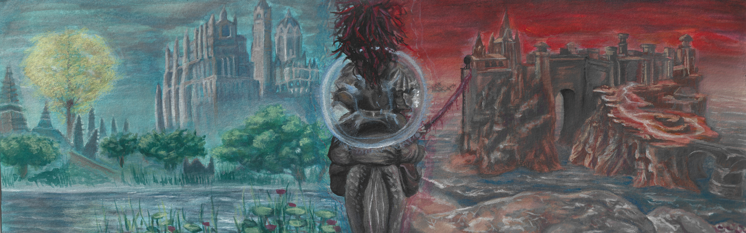 Foul Tarnished - 2023




[A surreal painting divided into two halves. The left side features a peaceful landscape with green trees, a body of water, and a large old castle with a bright yellow tree on the hill. The right side depicts a darker, fiery