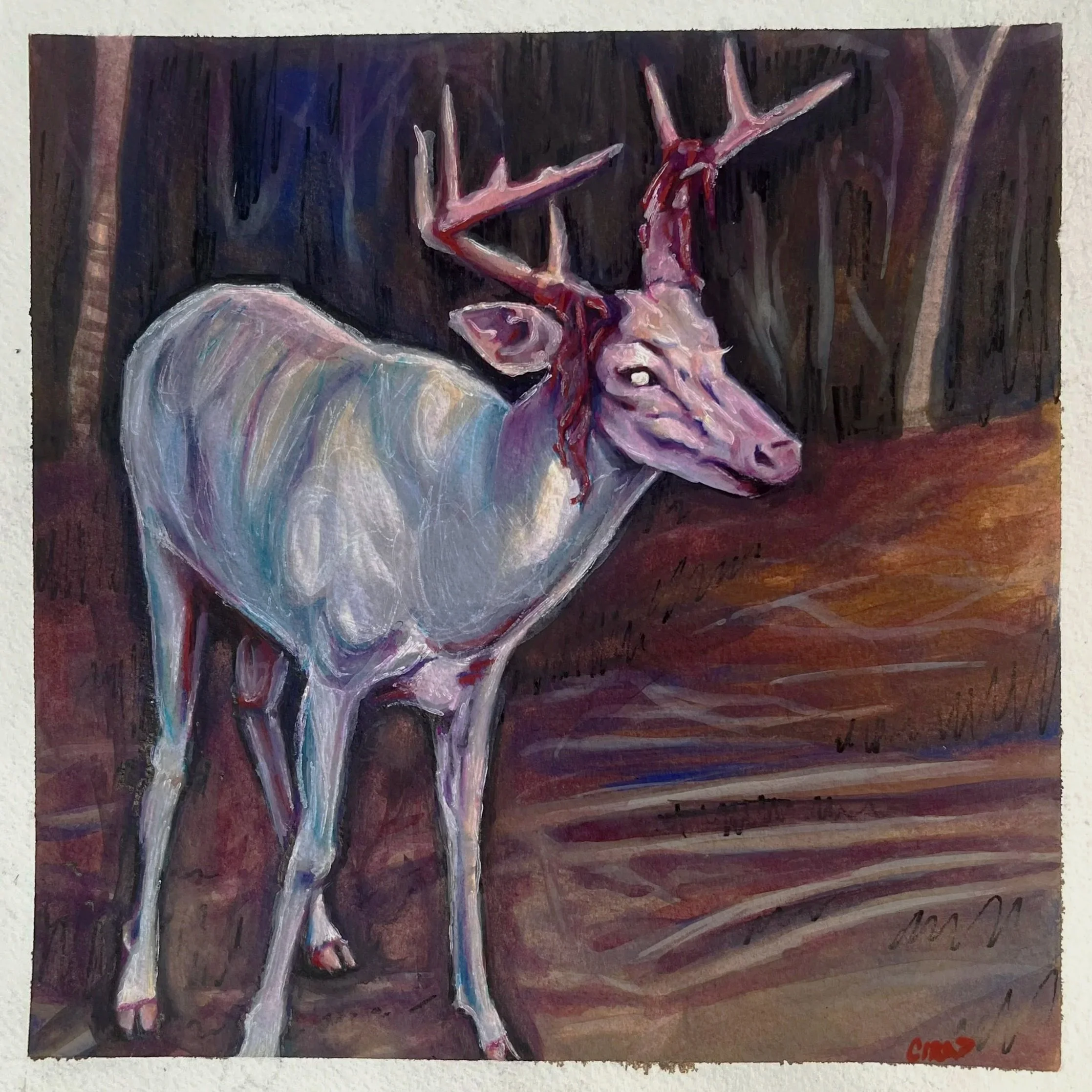 Juvenile God - 2026




[A dark colorful painting of an albino deer standing at the edge of a forest. The deer is a juvenile male who is shedding his antlers. The resulting flesh hangs bloody from his antlers.]