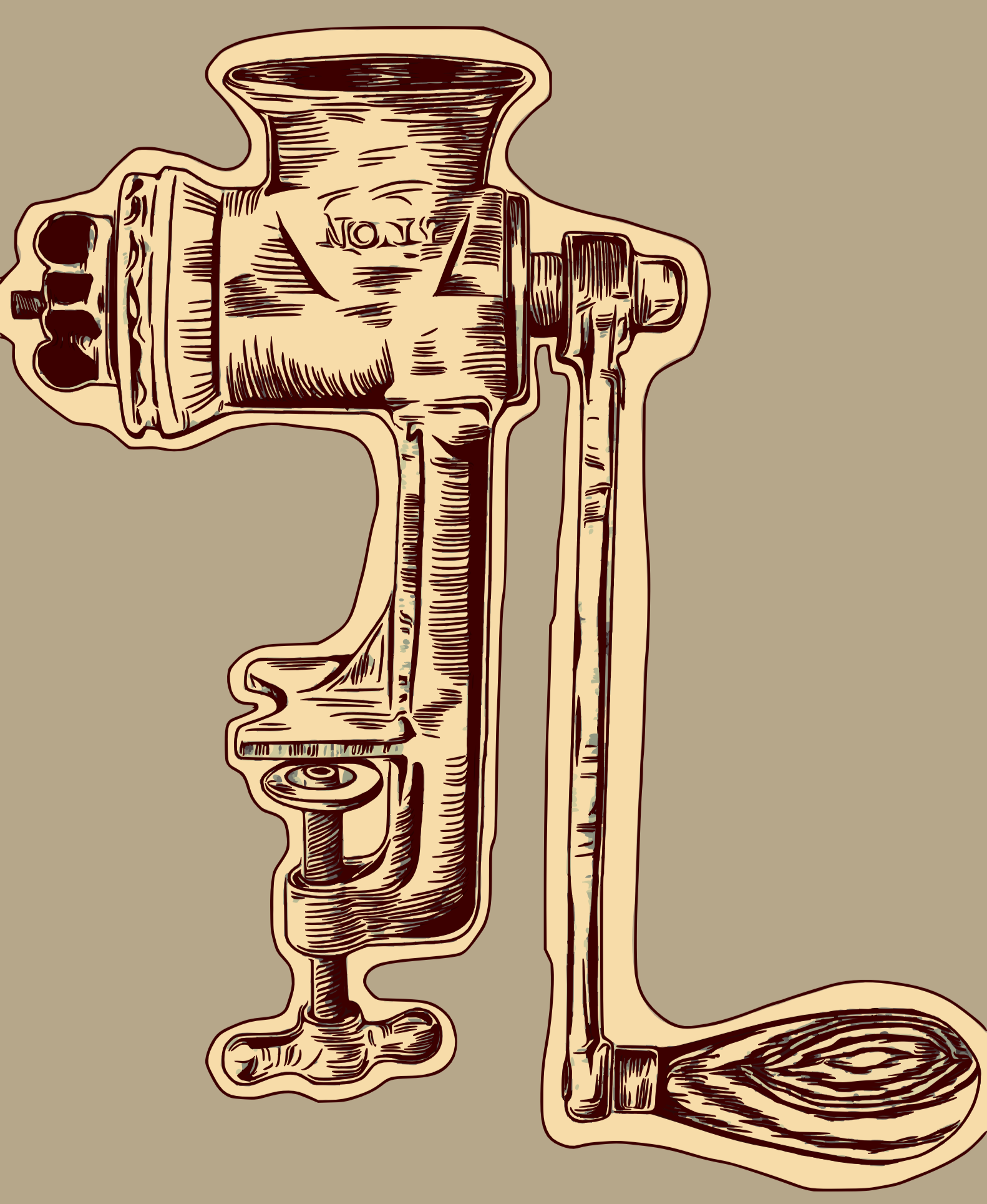 Illustration of a vintage hand-crank meat grinder with a wooden handle and metal body.
