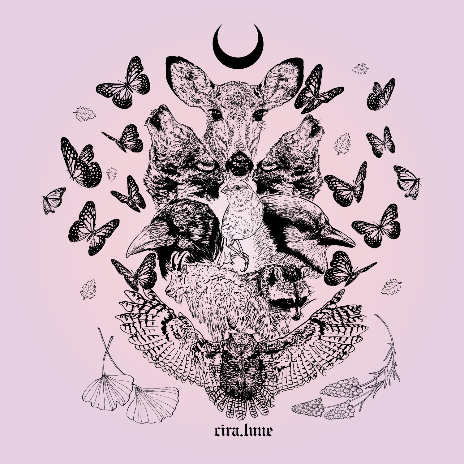 Black and white illustration of various forest animals, including a deer, wolves, a crow, a raccoon, a fox, and a butterfly, arranged in a symmetrical pattern with a crescent moon at the top and leaves and ginkgo leaves surrounding the animals. The b