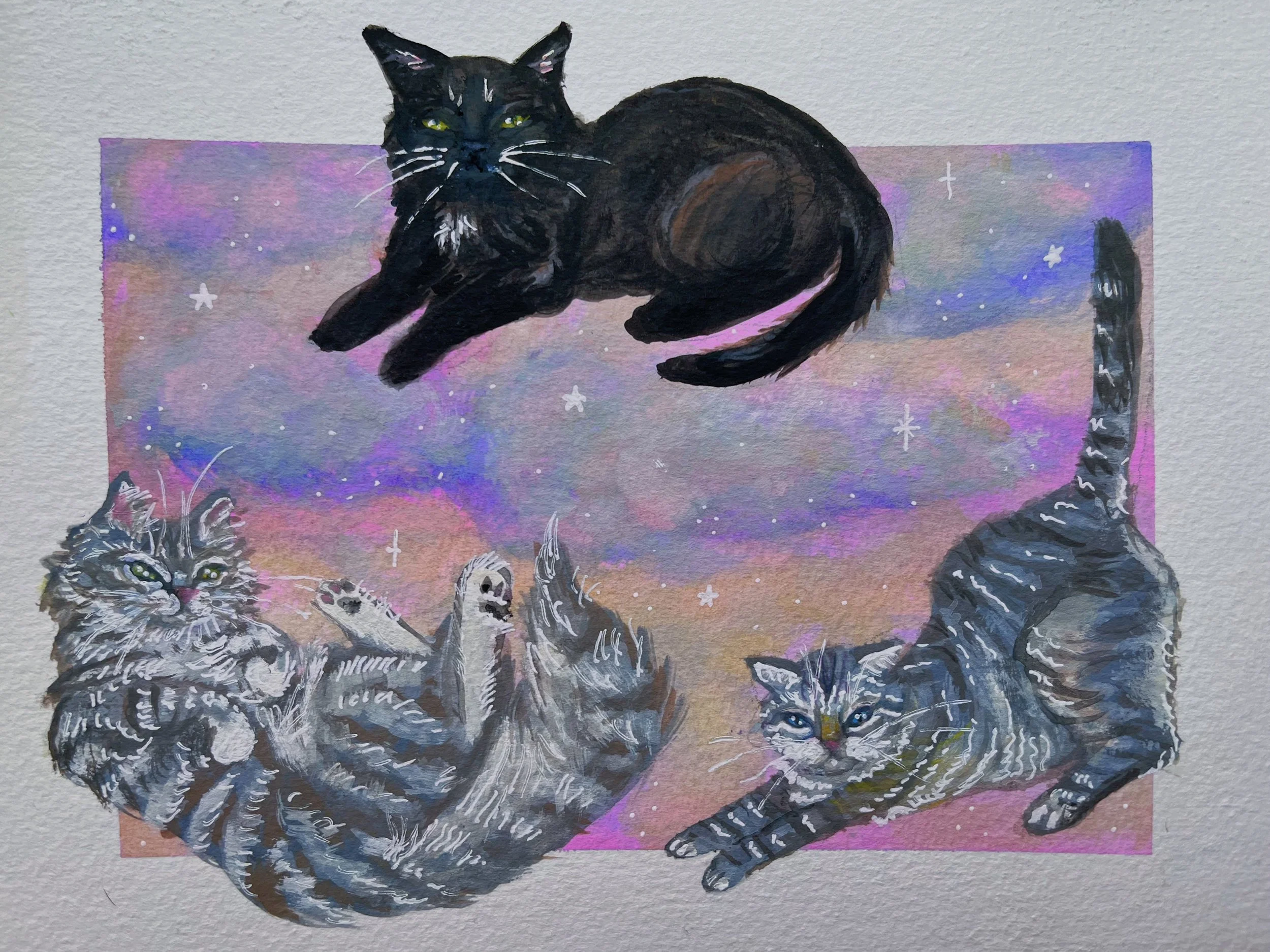 Soot Supreme Being - 2023




[A painting of cats against a space-themed background with stars and a colorful nebula. A black cat is lying in the top center, a tabby cat is lying on its back with paws in the air at the bottom left, a gray and black s