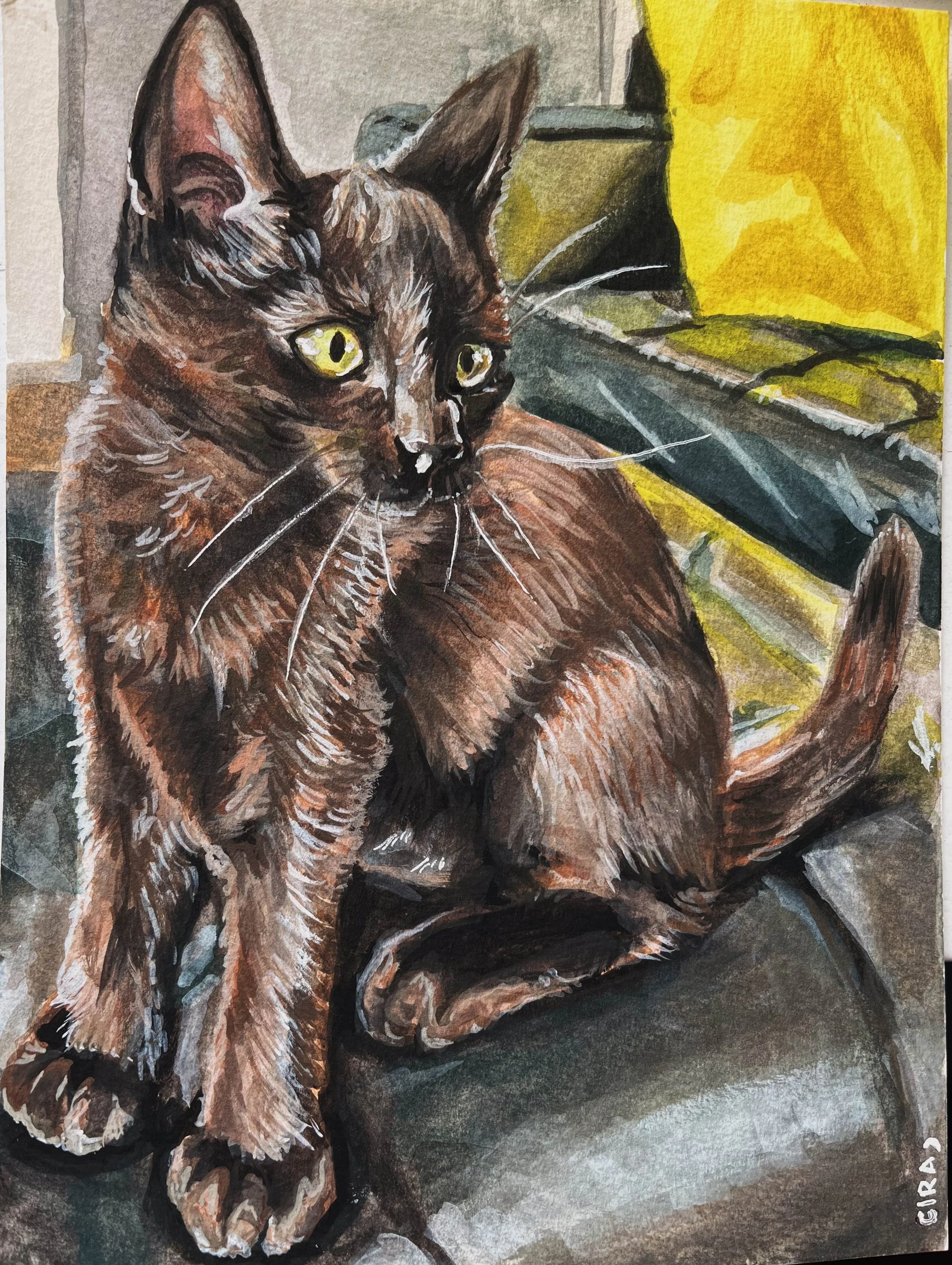 Mystery Kitten - 2024



 [A painting of a brown and black domestic cat sitting on a dark surface, with a yellow and black background.]