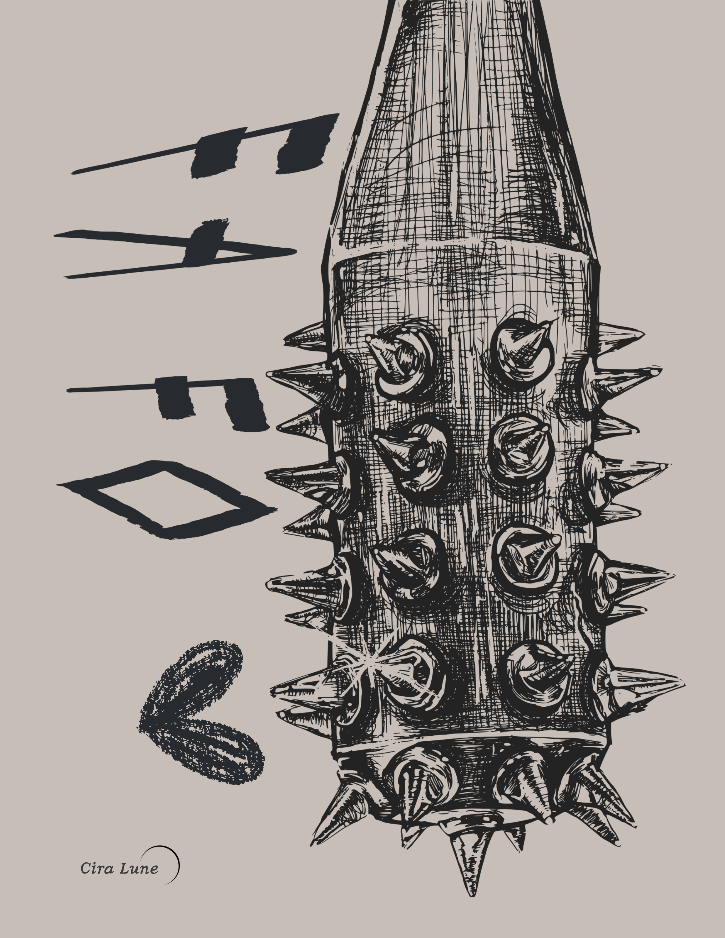 A black and white sketch of a spiked, elongated object with multiple bolts, displayed at an angle. To the left, stylized letters spelling out "FAFO" are seen, with a small signature "Cira Lune" at the bottom left corner.