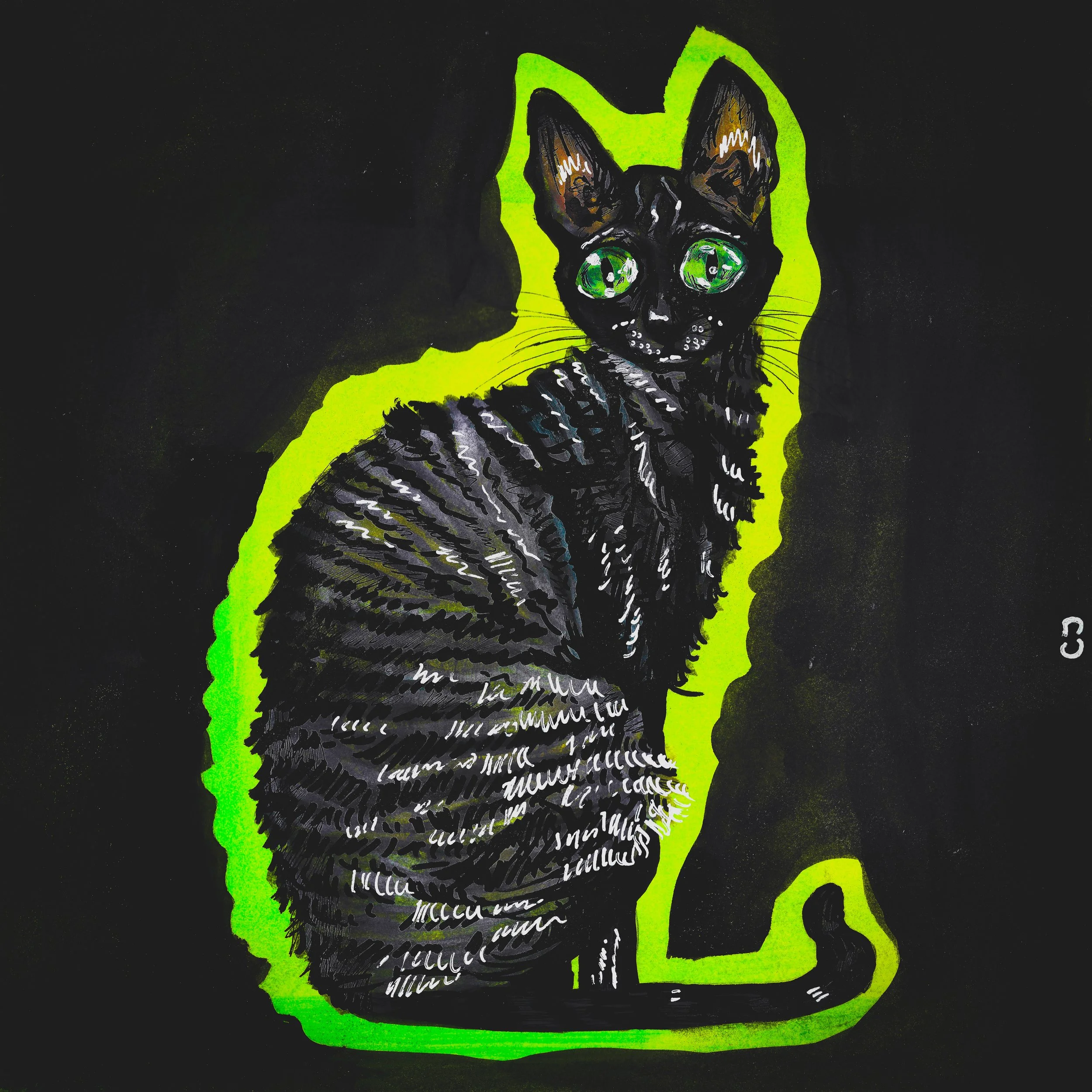 Cornish Rex - 2023




Stylized illustration of a black cat with green eyes against a dark background, outlined with bright green.