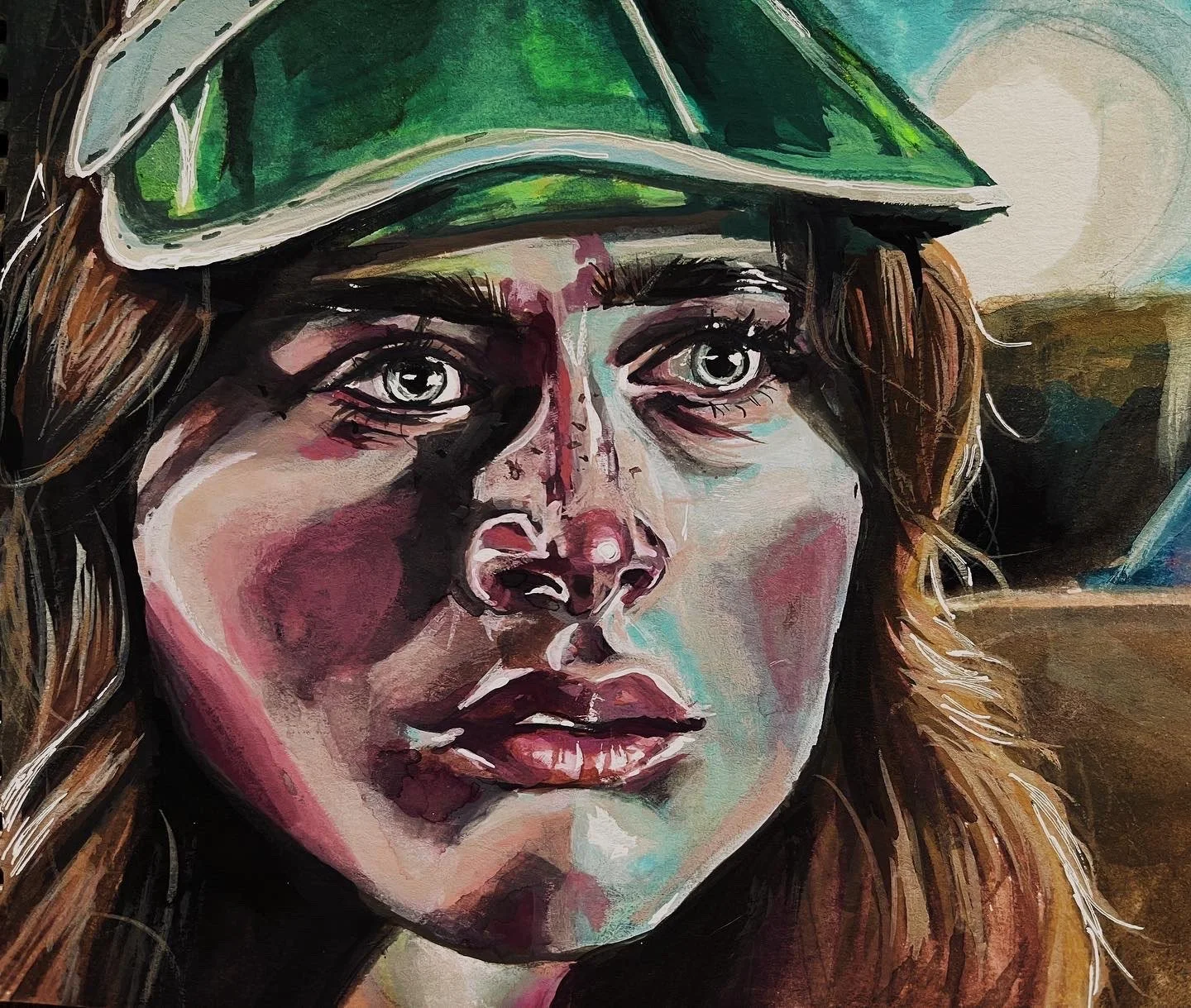 Close-up of a watercolor painting of a woman with long brown hair, wearing a green cap, with expressive eyes and full lips.