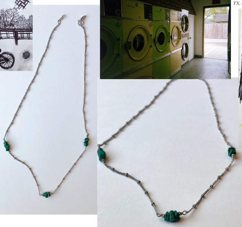 A silver chain necklace with turquoise beads laid out on a white surface, with a laundry room in the background.