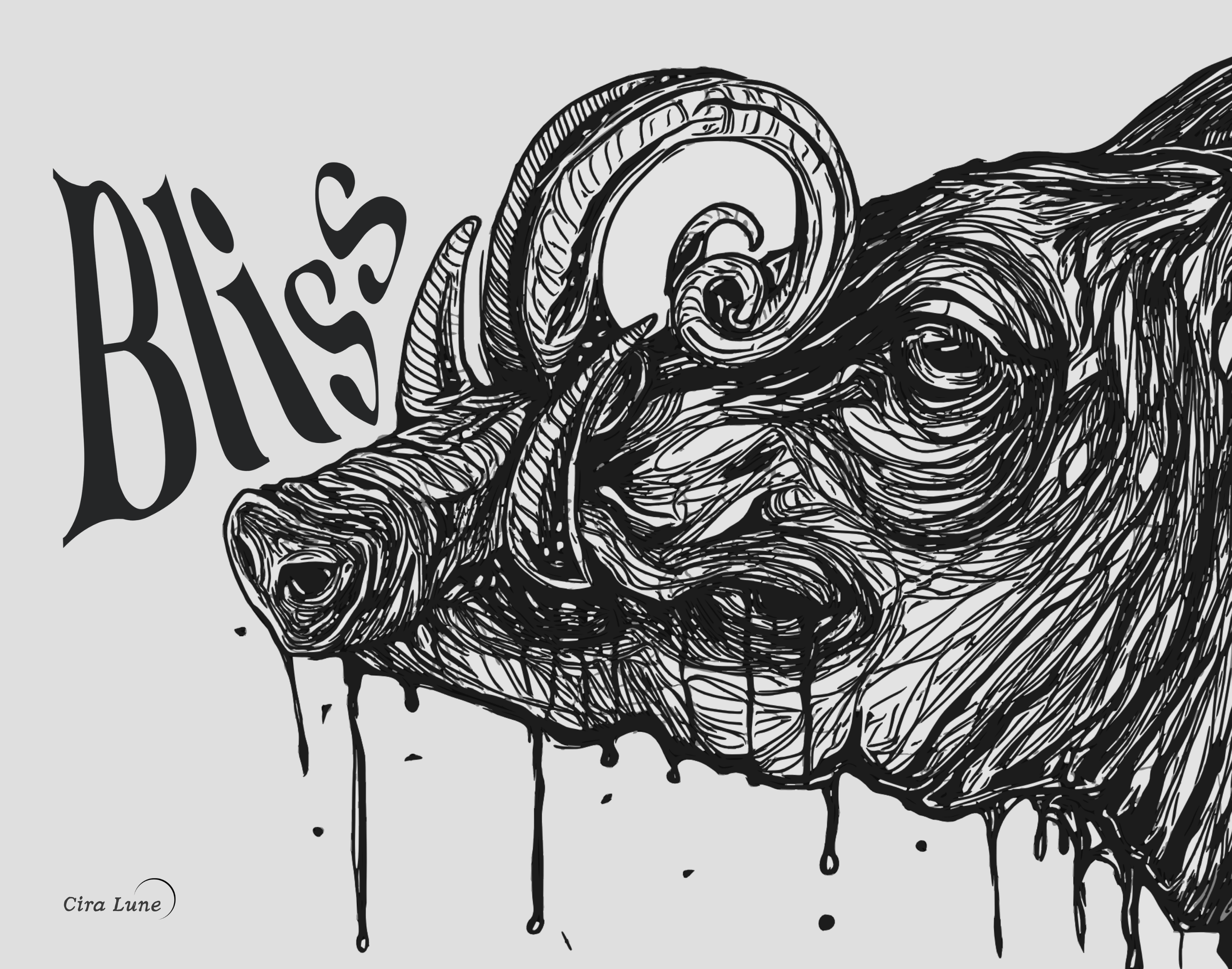 Black and white line art illustration of a pig's head with a ram's horn. The word 'Bliss' is written in stylized letters to the left of the pig's face. The artist's signature, 'Cira Lune,' appears in small text at the bottom left corner.