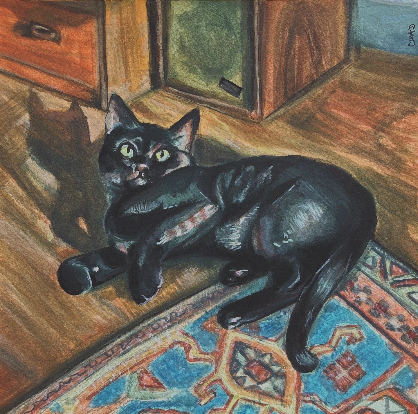 Prince - 2024




[A painting of a black cat lying on a wooden floor with a colorful rug partially visible. The cat is looking up with yellow-green eyes, and a speaker and cabinet are in the background.]