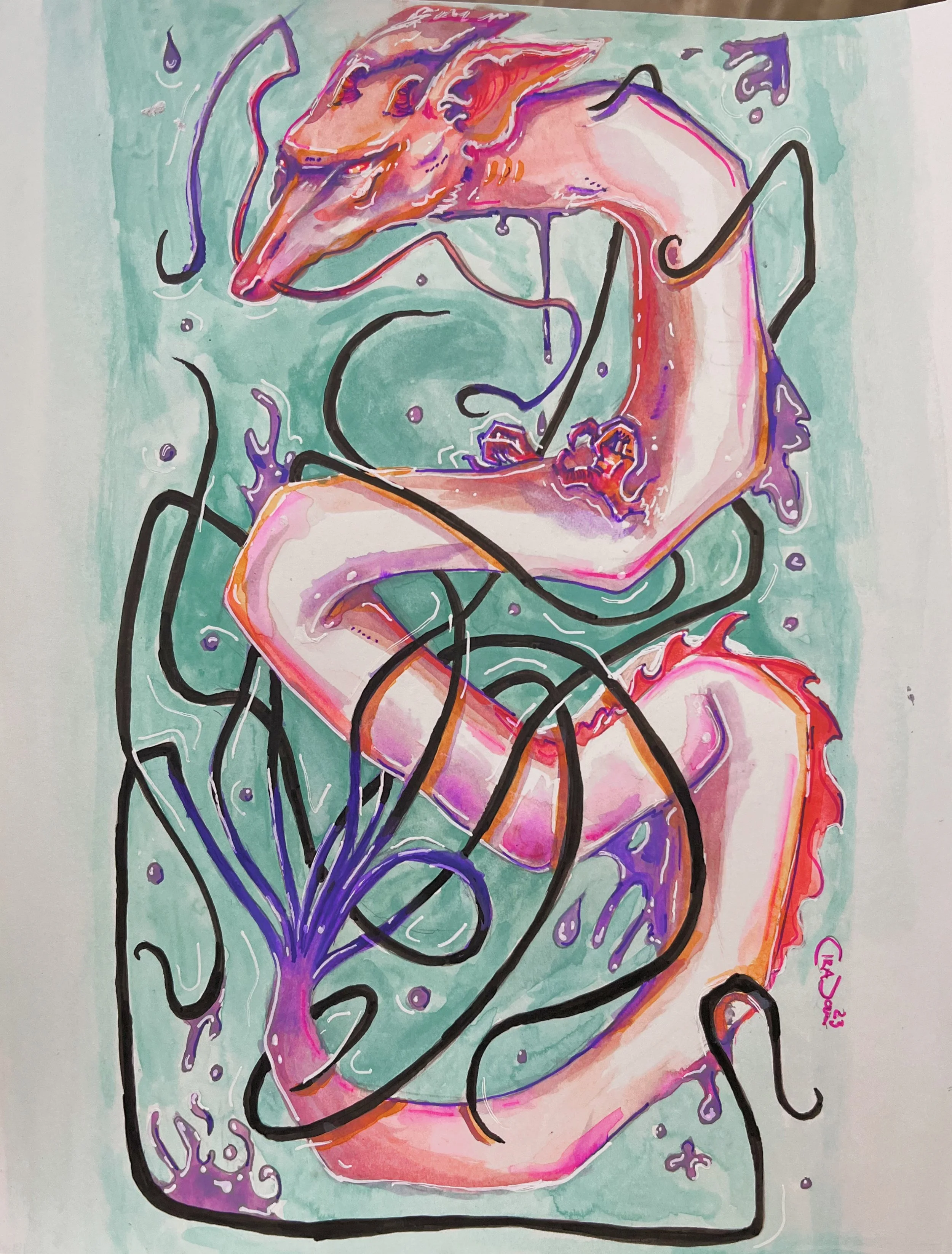 Jelly Dragon - 2023




Abstract watercolor painting of a curled up dragon with black, purple, orange, pink, and green accents and splashes of paint.