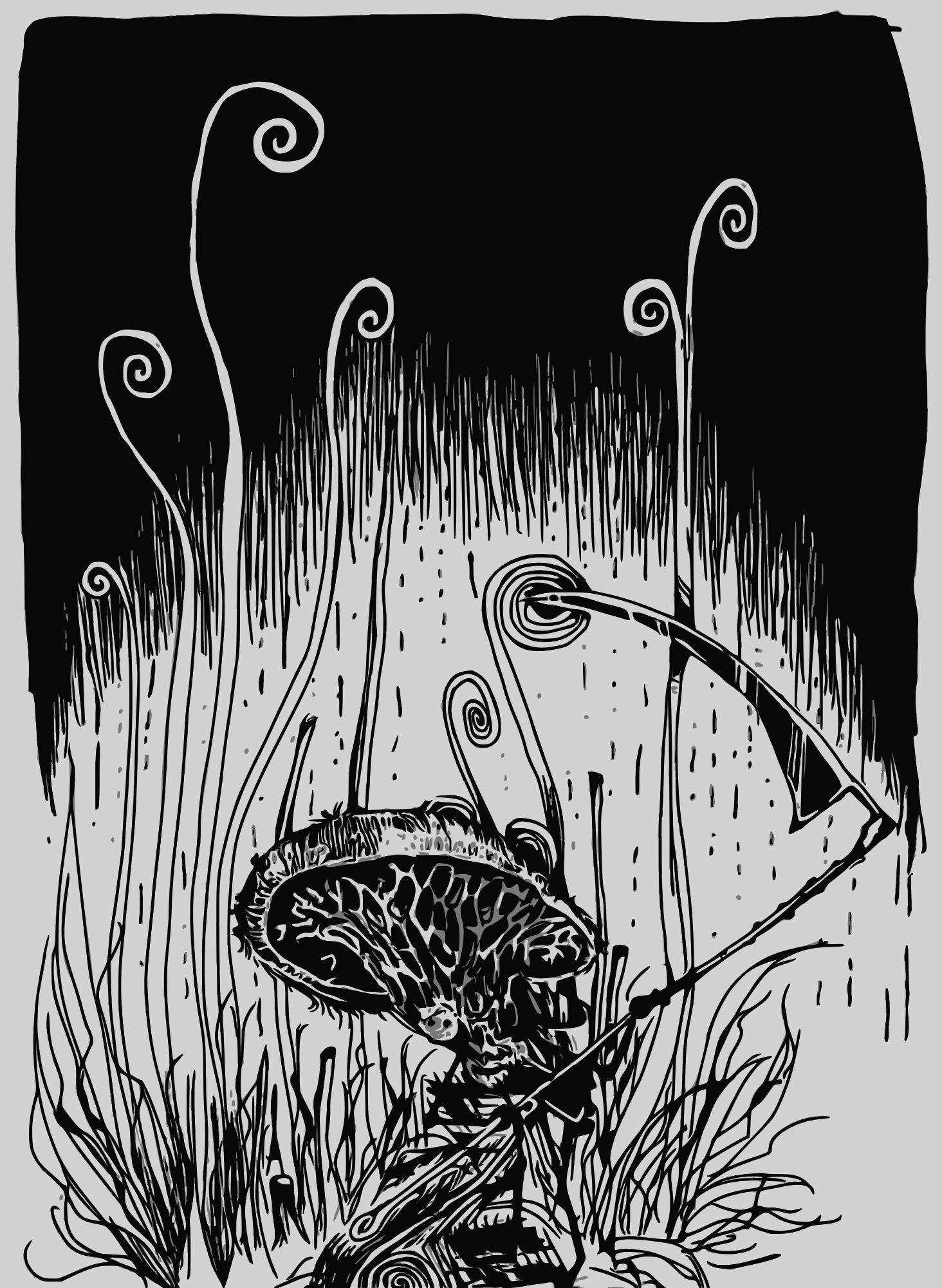 Black and white illustration of a mushroom with a slimy cap, surrounded by tall grass and several tall, curling plants against a dark sky.