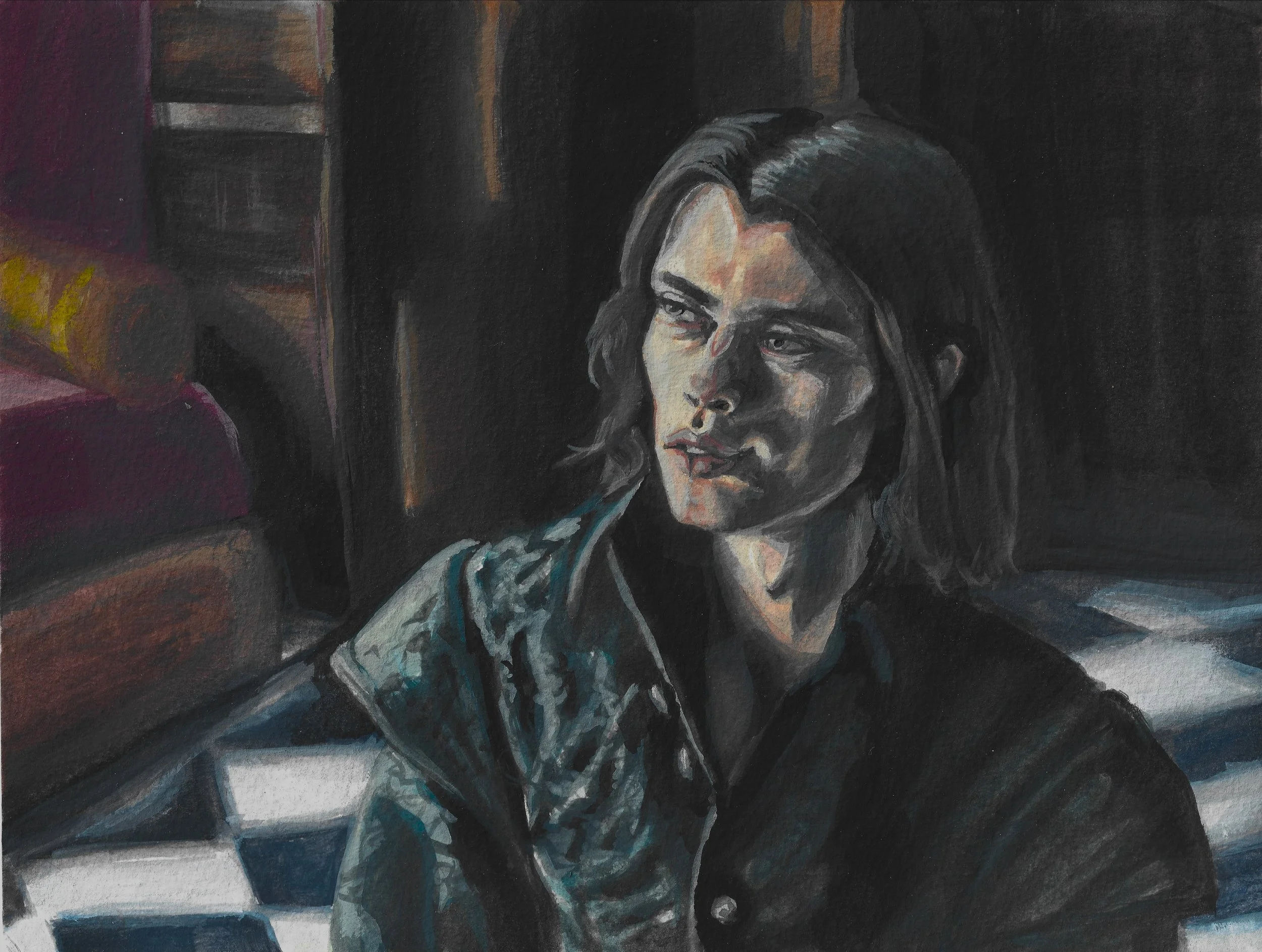 A painting of a man with shoulder-length brown hair, wearing a period waistcoat, sitting on a checkered floor, with sunlight illuminating his face from the left side, in an indoor setting.