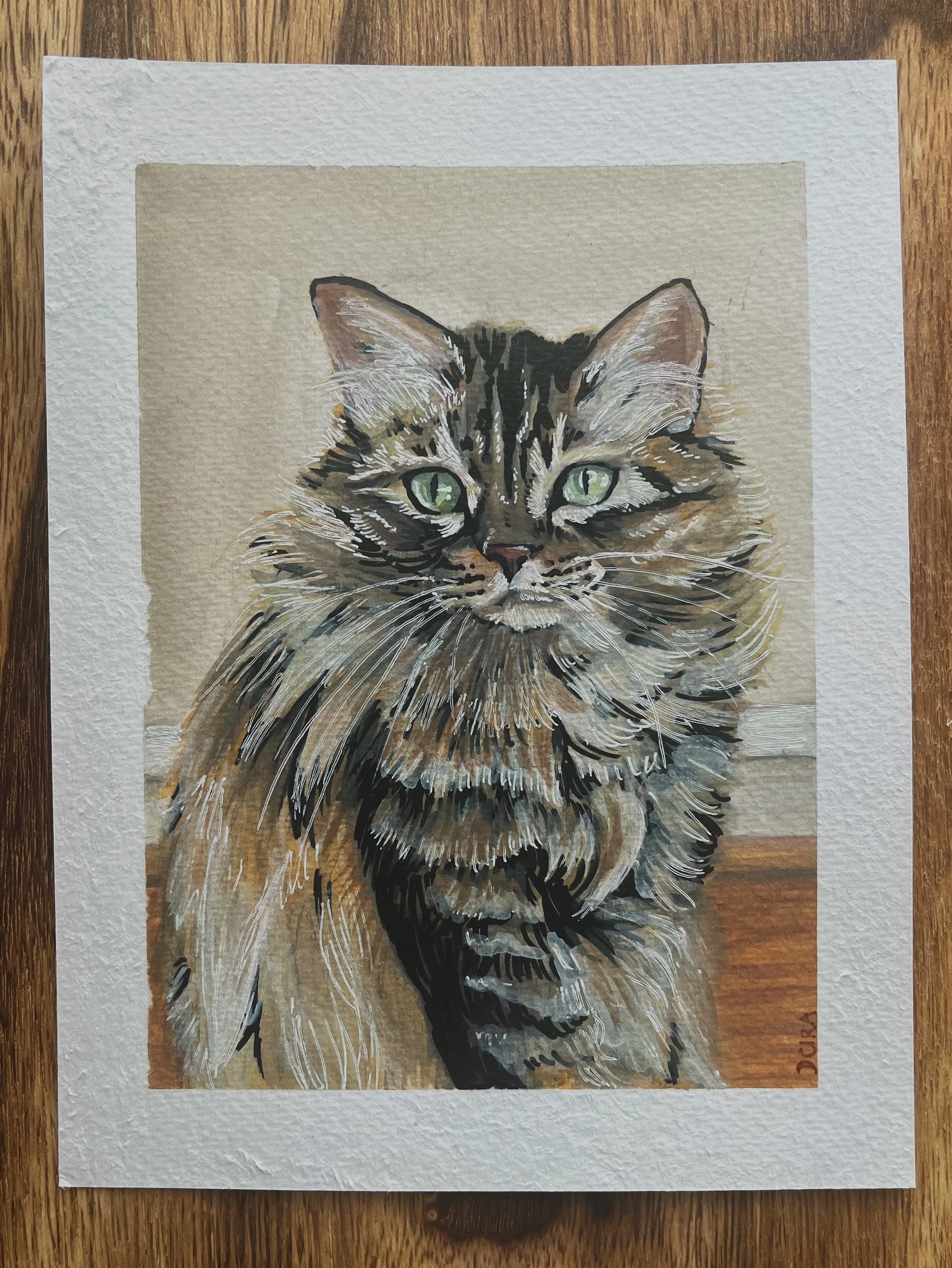 Cleo - 2024




[Watercolor painting of a long-haired tabby cat with green eyes, detailed fur, and a neutral background.]