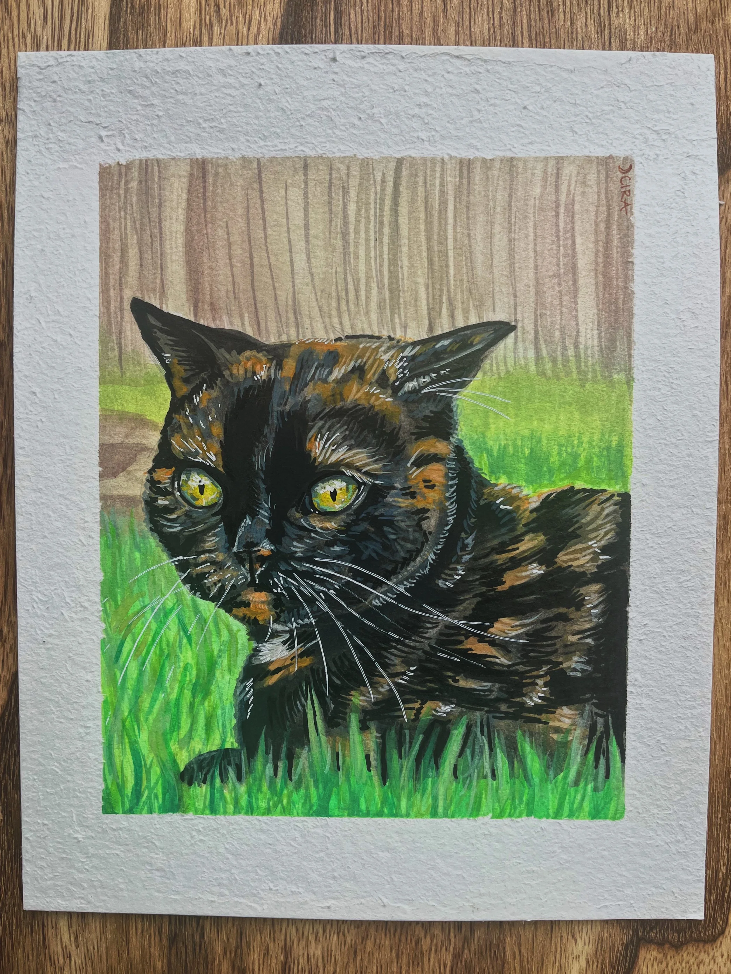 Chell - 2024




[Colorful painting of a tortoiseshell cat sitting on grass with a wooden background.]