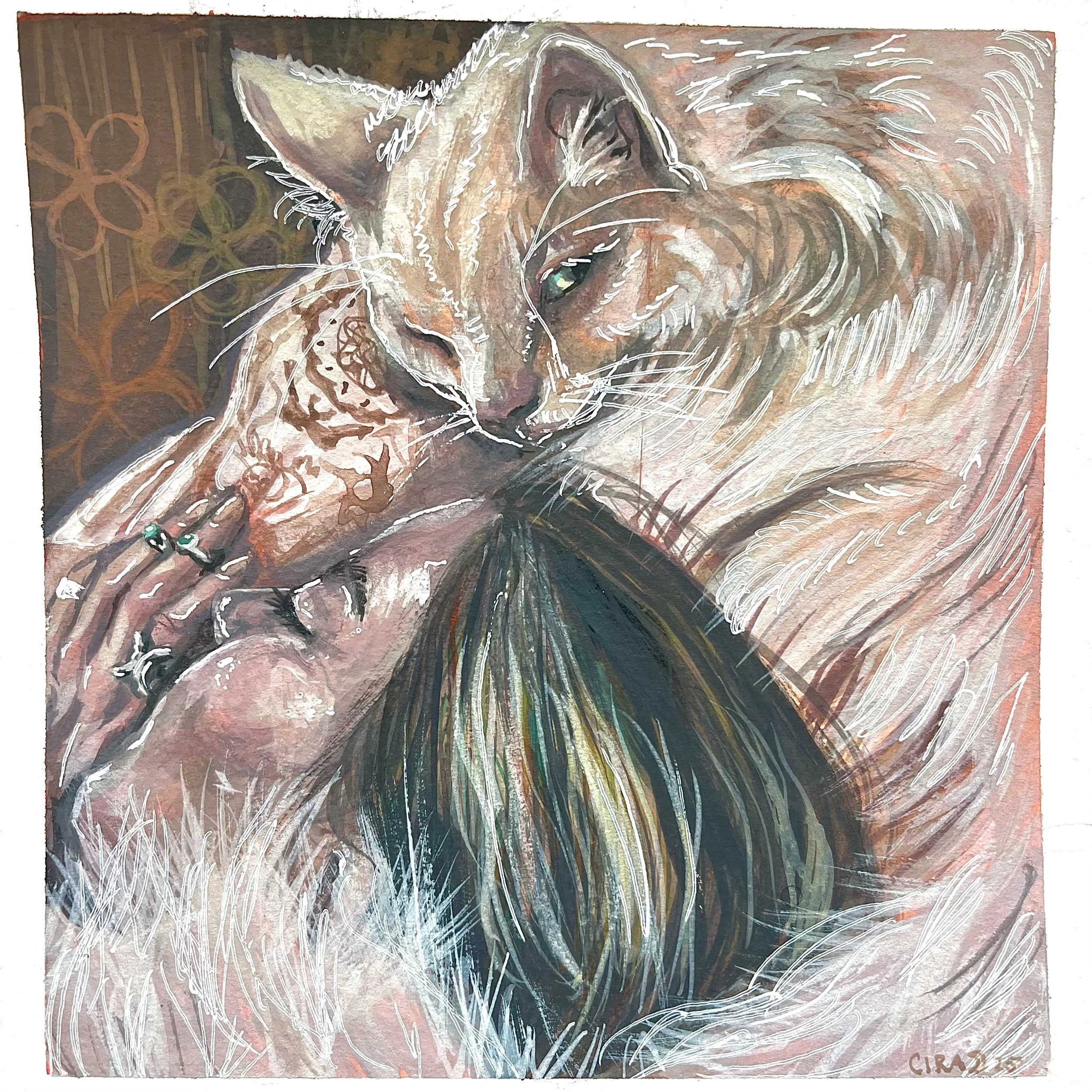Gabby and Martha - 2024



 [A watercolor painting of a long haired cat with green eyes, curled up around the sleeping head of it's human companion.]