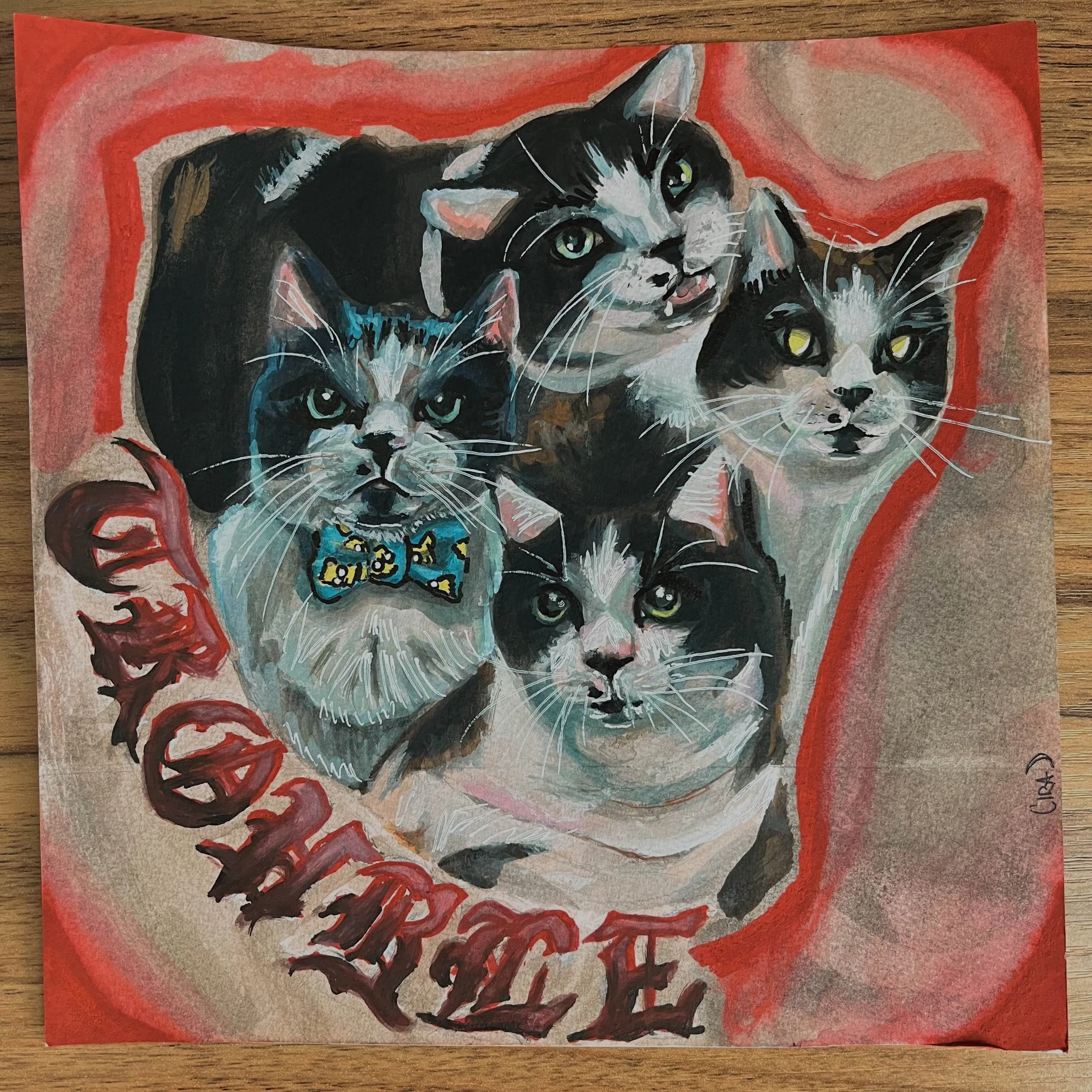 Painting of five black and white cats, one with a blue bow tie, with red and beige background, and the word 'trouble' written at the bottom.