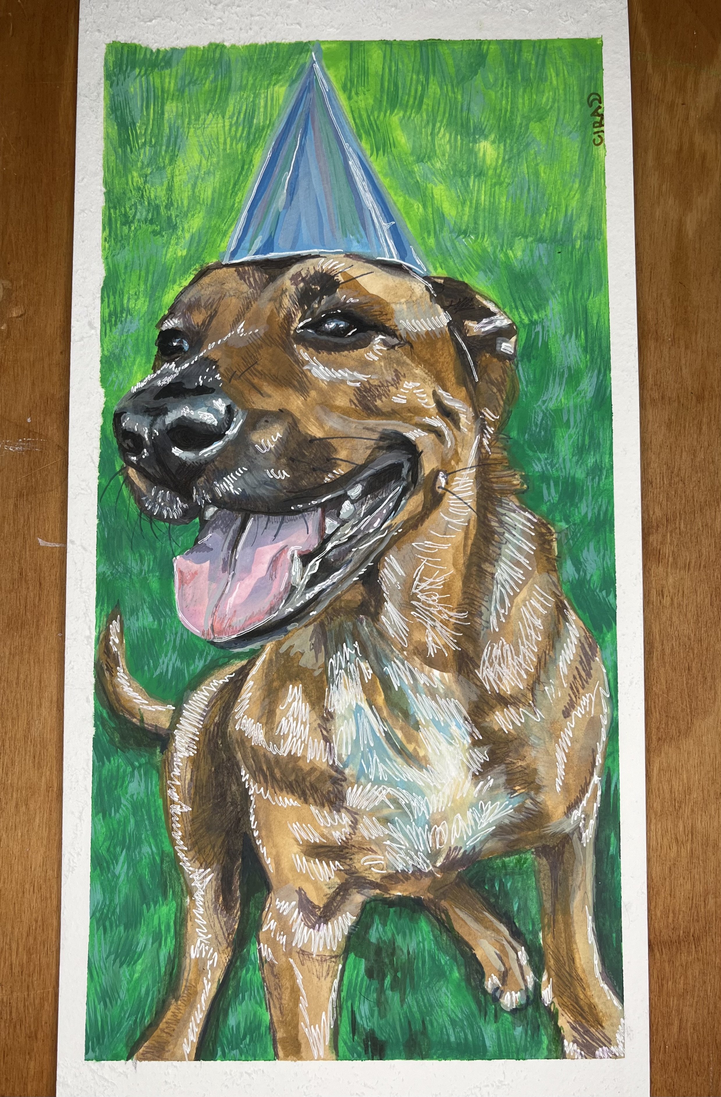 Max - 2025



[A colorful drawing of a happy dog wearing a blue party hat, standing on green grass.]