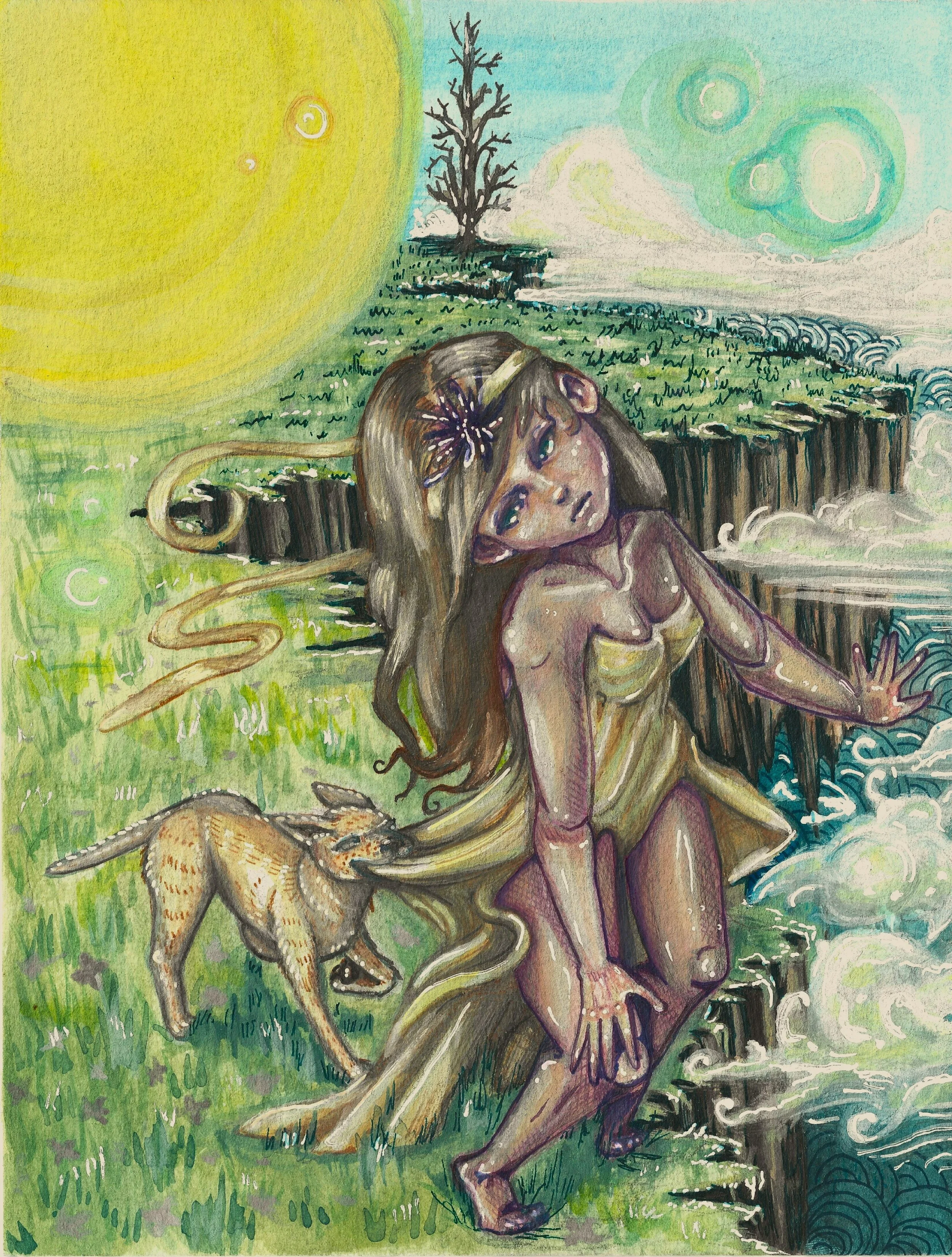 The Fool (0) - 2024




[A watercolor illustration of the fool tarot card. Depicts a figure with long brown hair partially covered by a floral hair tie, standing on a grassy cliff edge . An yellow dog is beside her, traying to save her from falling o
