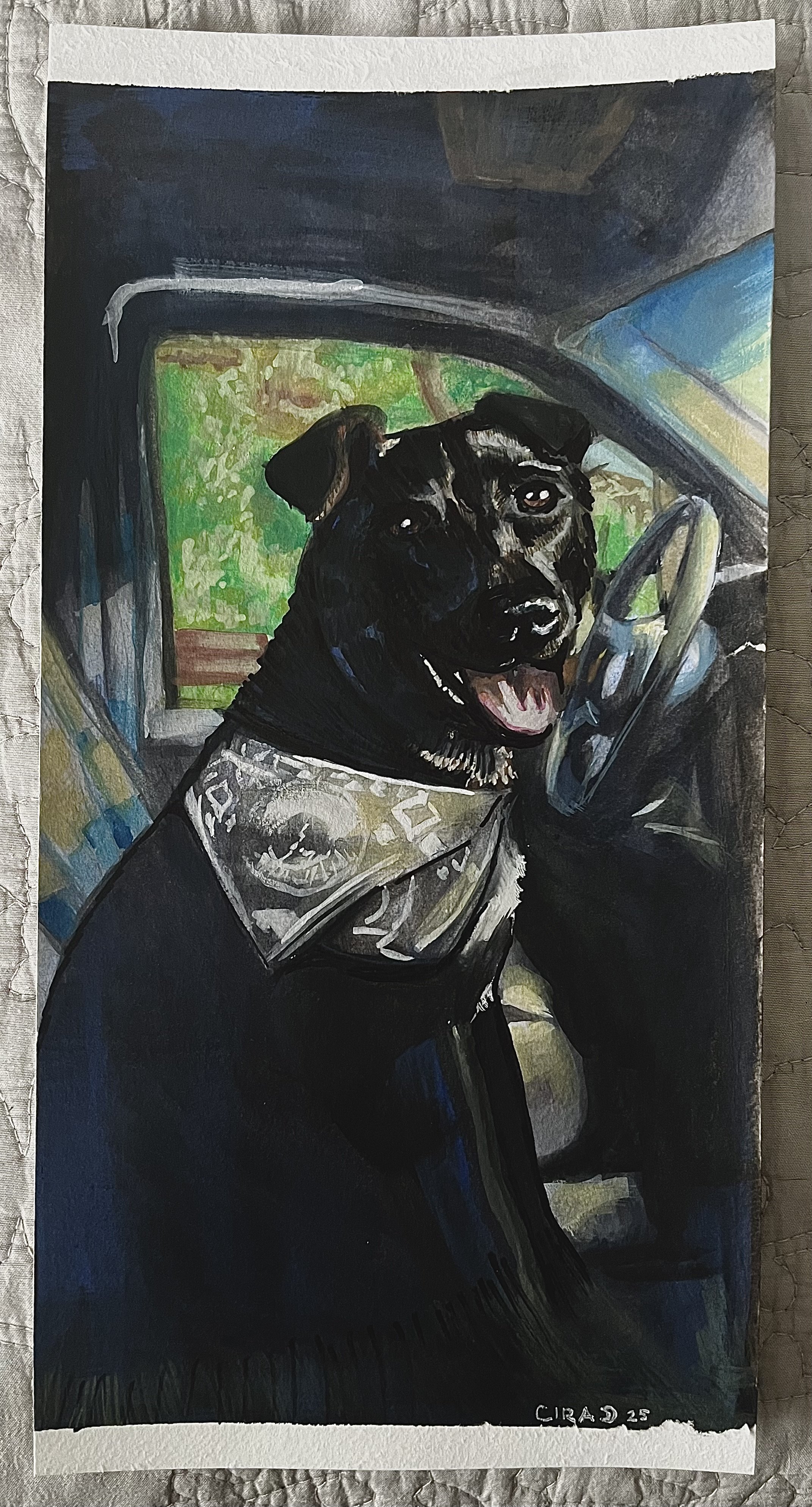 Slater - 2025




[Painting of a black dog with a white patch on its chest, sitting in a passenger seat, wearing a bandana around its neck, with trees and greenery visible outside the car window.]