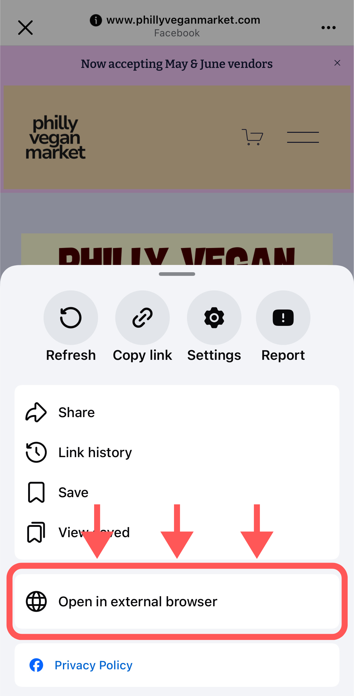 Screenshot of a website menu with options to share, view link history, save, view viewed items, and open in external browser, with a highlighted button for opening the link in an external browser. The website is for Philly Vegan Market.
