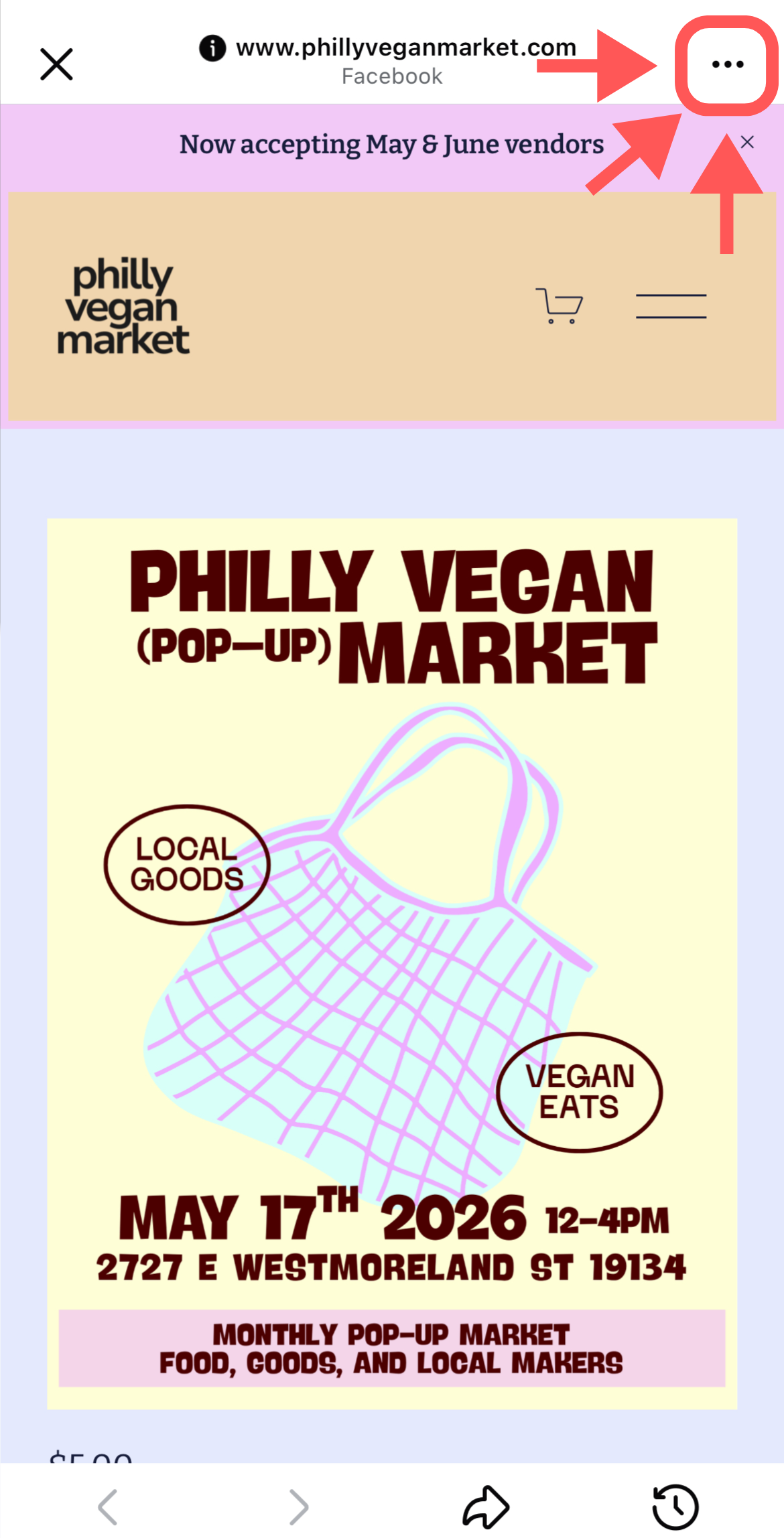 Advertisement for Philly Vegan Market pop-up event on May 17th, 2026, from 12 to 4 pm at 2727 E Westmoreland St, featuring local goods, vegan eats, and local makers, with an illustration of a shopping bag.