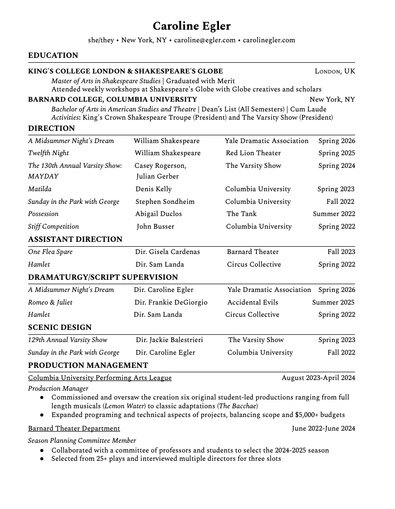 Resume of Caroline Egler with education, theater productions, and production management experience listed.
