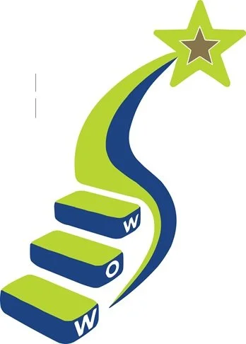 The word 'WOW' written with the letters stacked vertically, accompanied by a curved line ending in a star at the top, in green, blue, and gray colors.